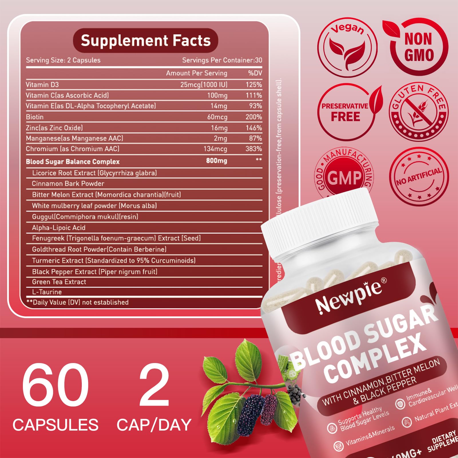 Newpie Blood Sugar Complex frasco de 60 cápsulas, dosis conveniente para la rutina.