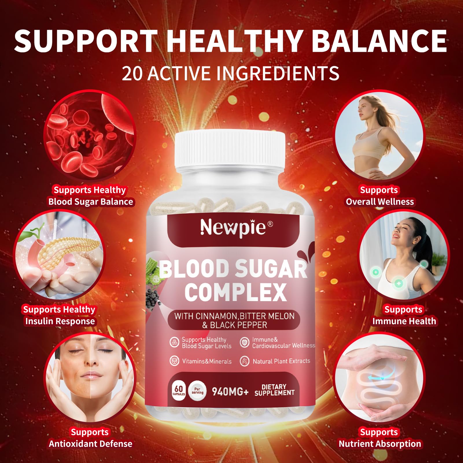 Newpie Blood Sugar Complex cápsulas en la mano, fácil de incorporar a la dieta diaria.