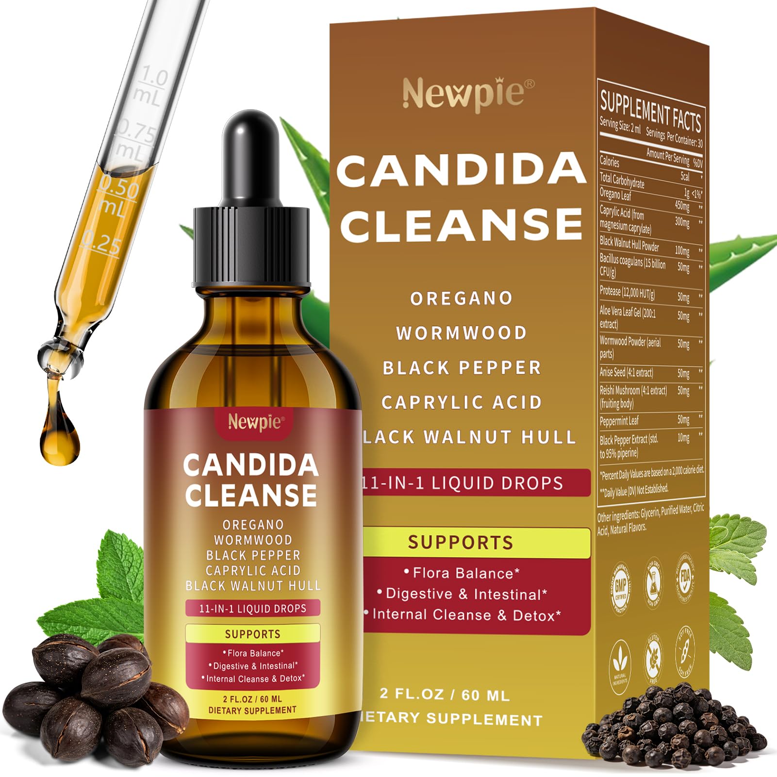 Newpie limpieza candida: botella con gotero para uso diario en el cuidado digestivo.