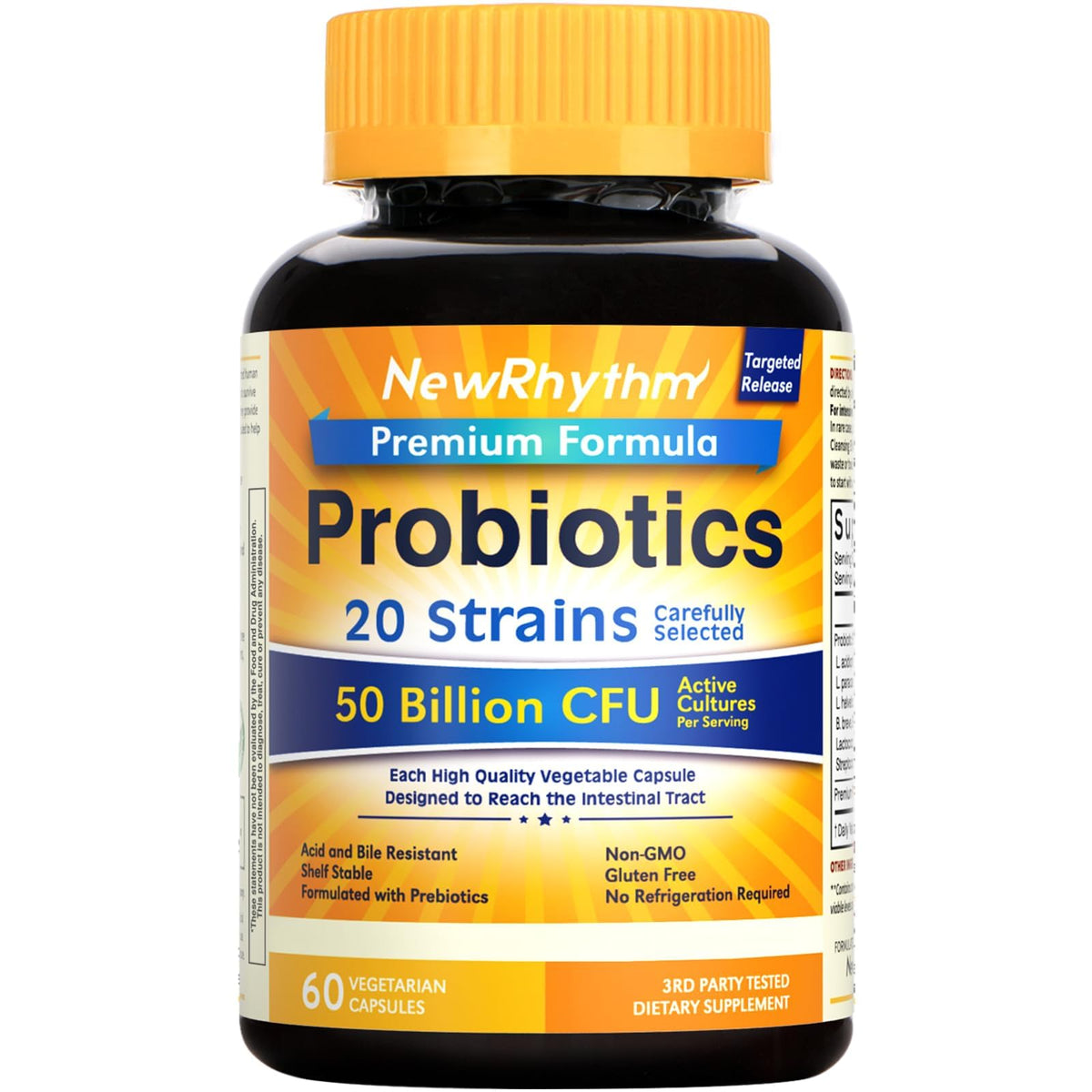 NewRhythm Probiotics 50 mil millones cápsulas, soporte digestivo diario y beneficios posibles.