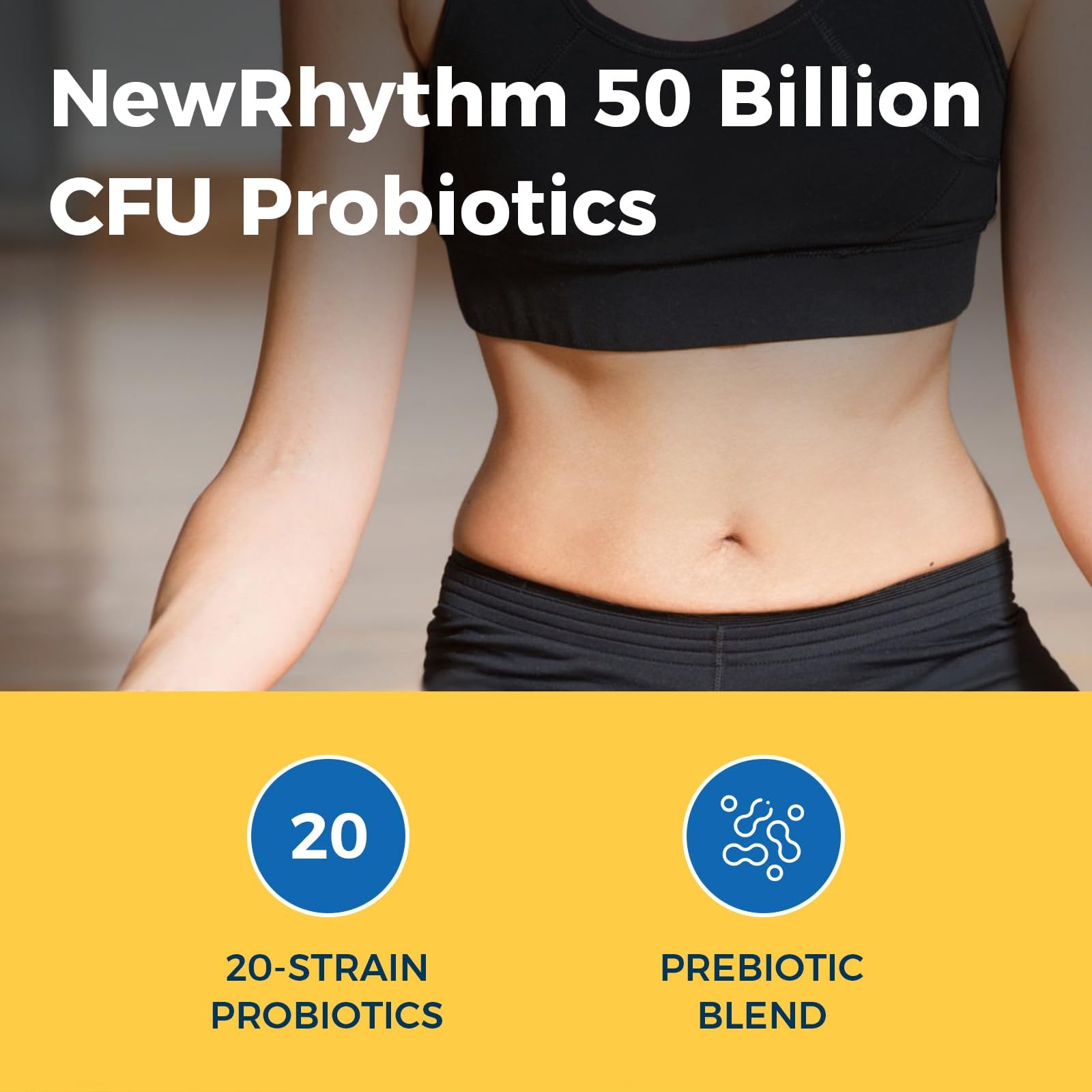 NewRhythm Probiotics 50 mil millones etiqueta, información clara de la fórmula.