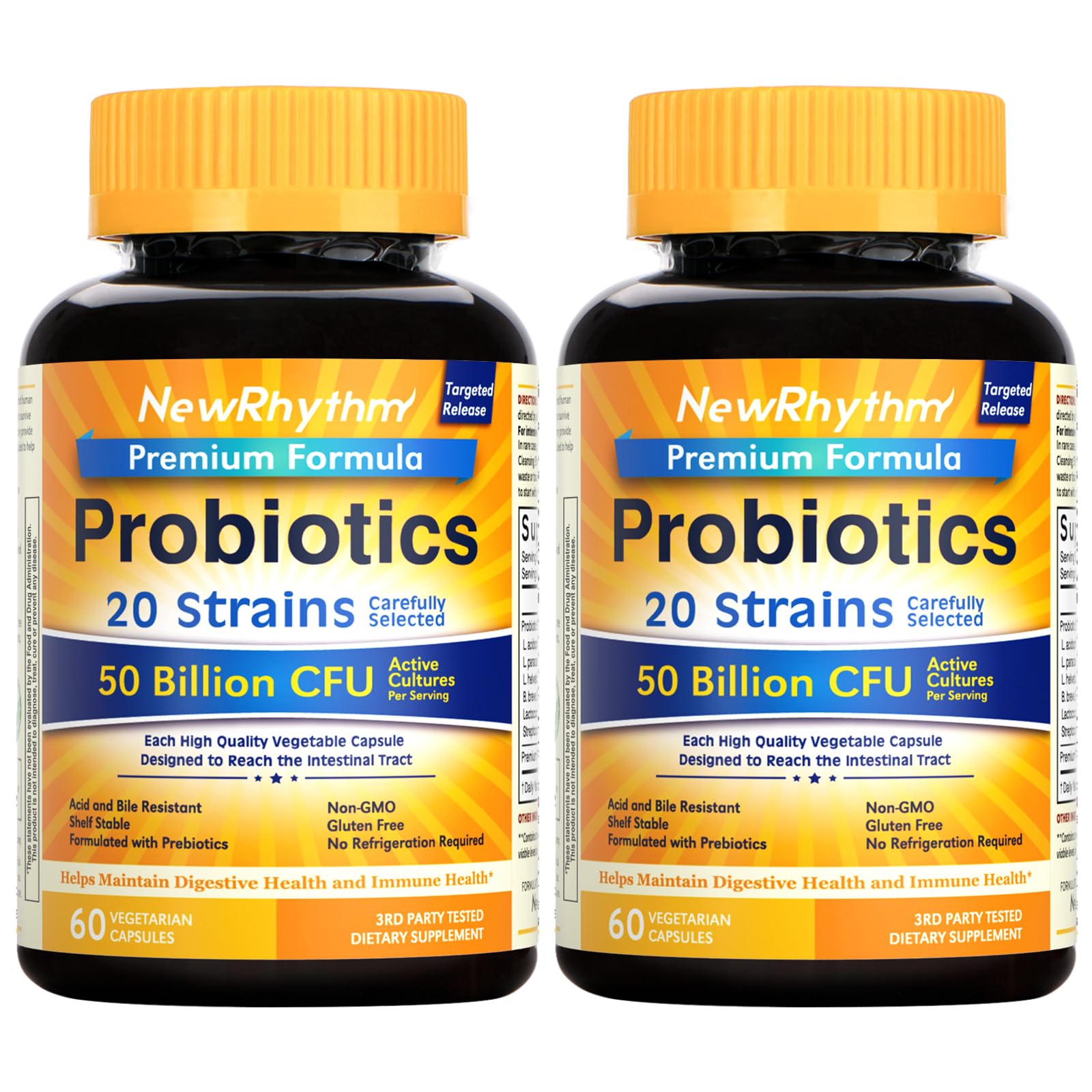NewRhythm Probiotics, botella de 50 mil millones, posible apoyo digestivo diario sin refrigeración.