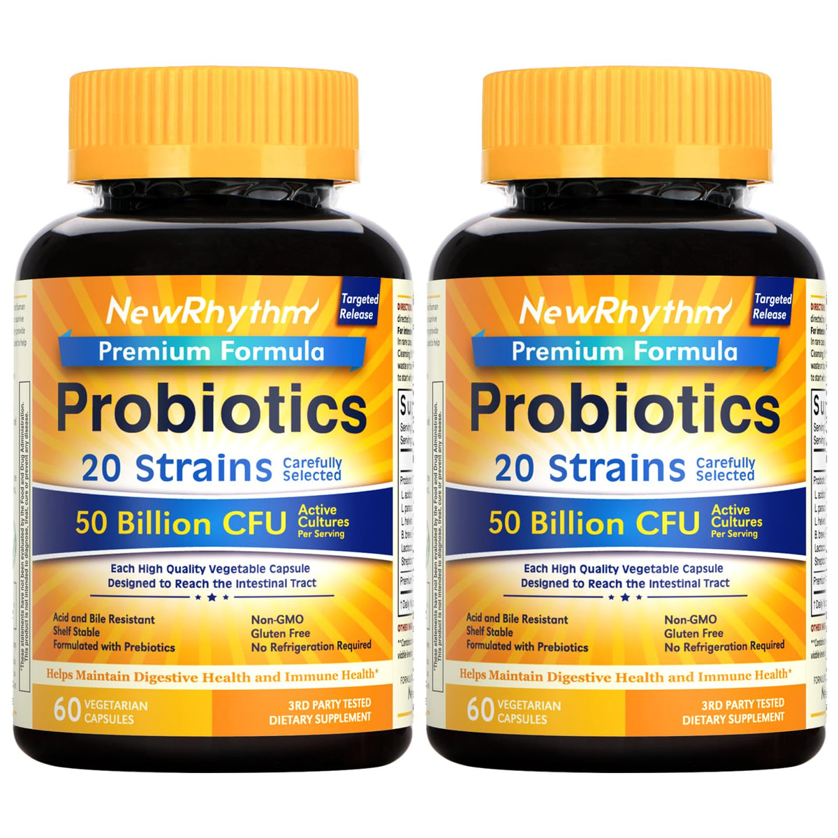 NewRhythm Probiotics, botella de 50 mil millones, posible apoyo digestivo diario sin refrigeración.