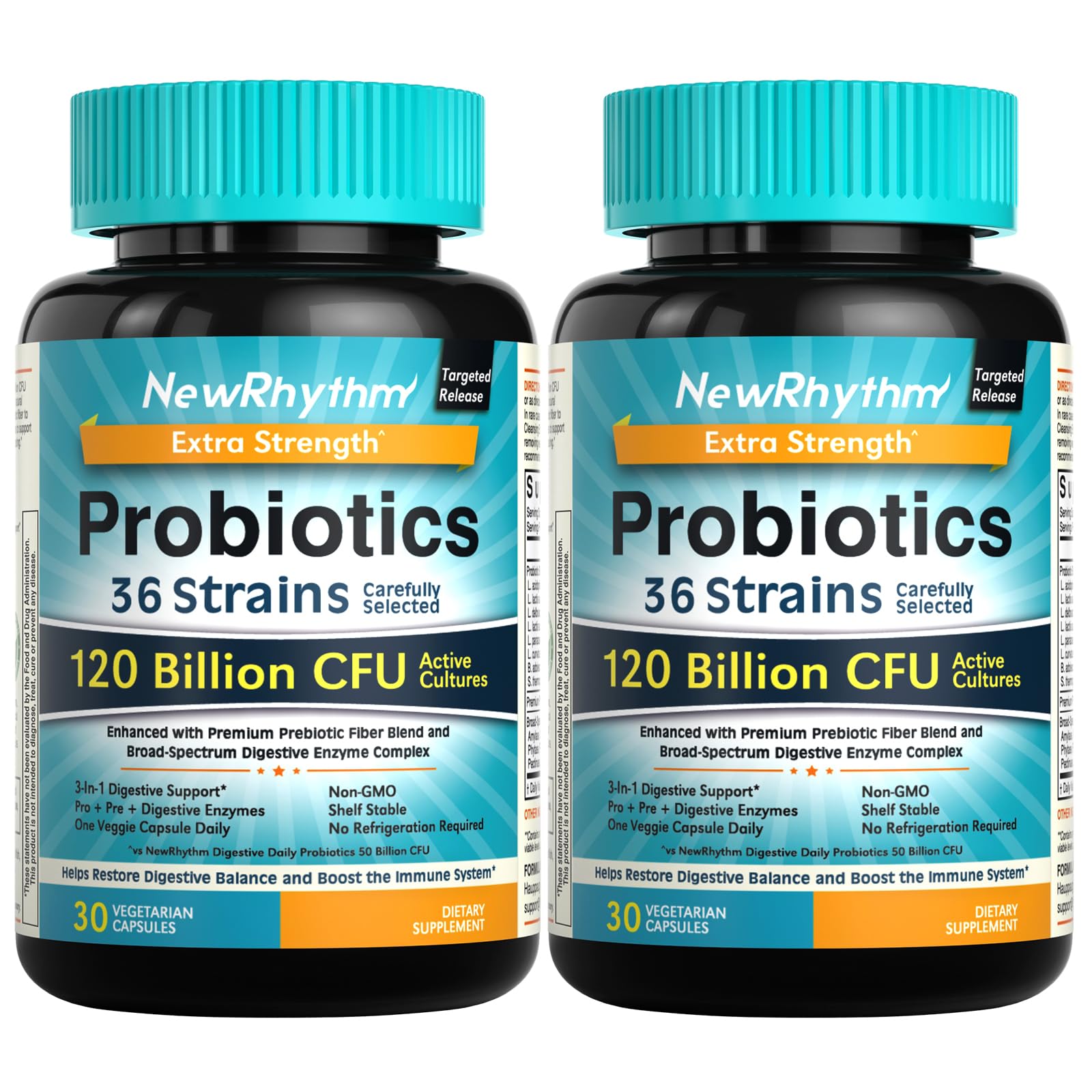 NewRhythm Probiotics frente de la botella mostrando alto CFU para apoyo digestivo