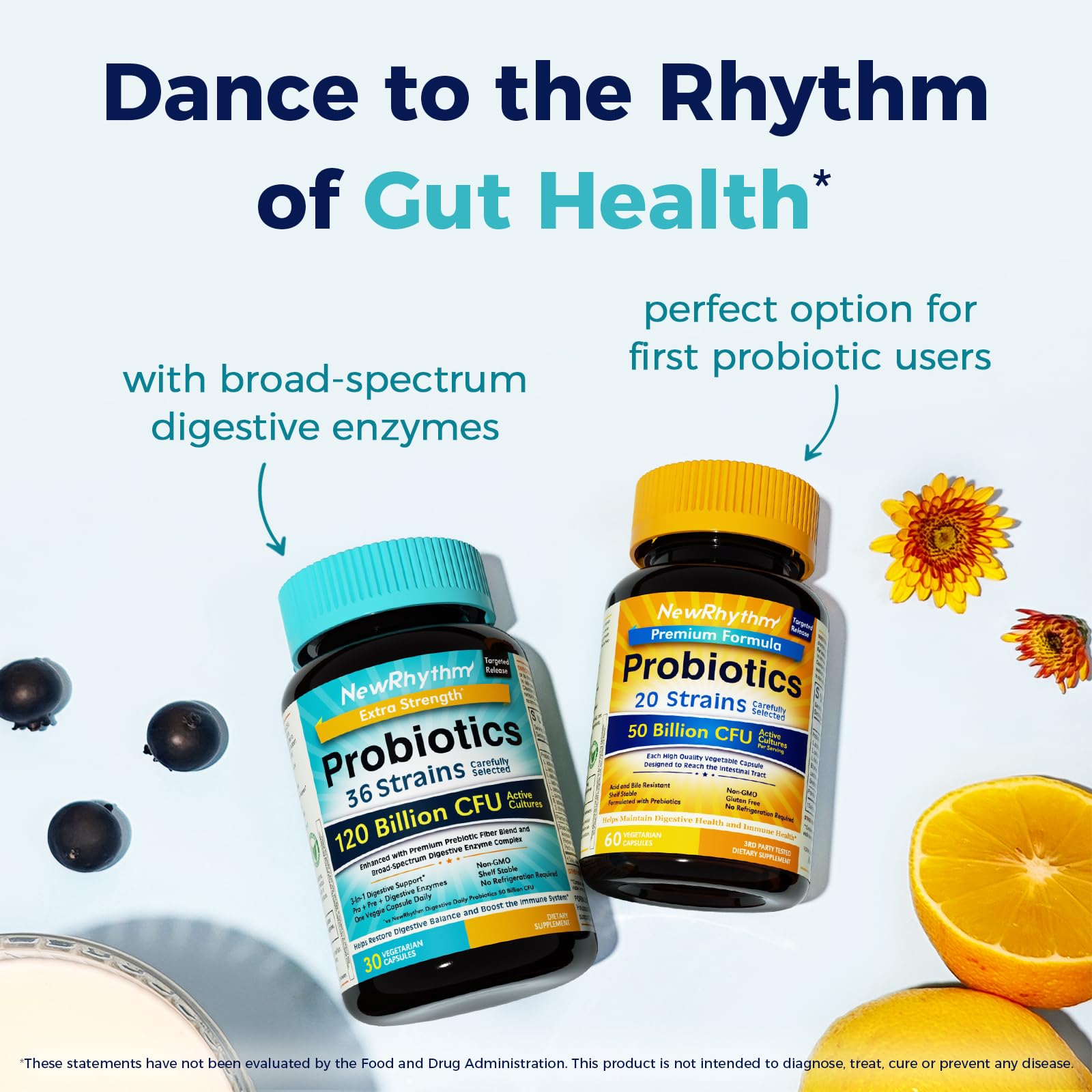 NewRhythm Probiotics mostrado en estante, señal de disponibilidad en USA