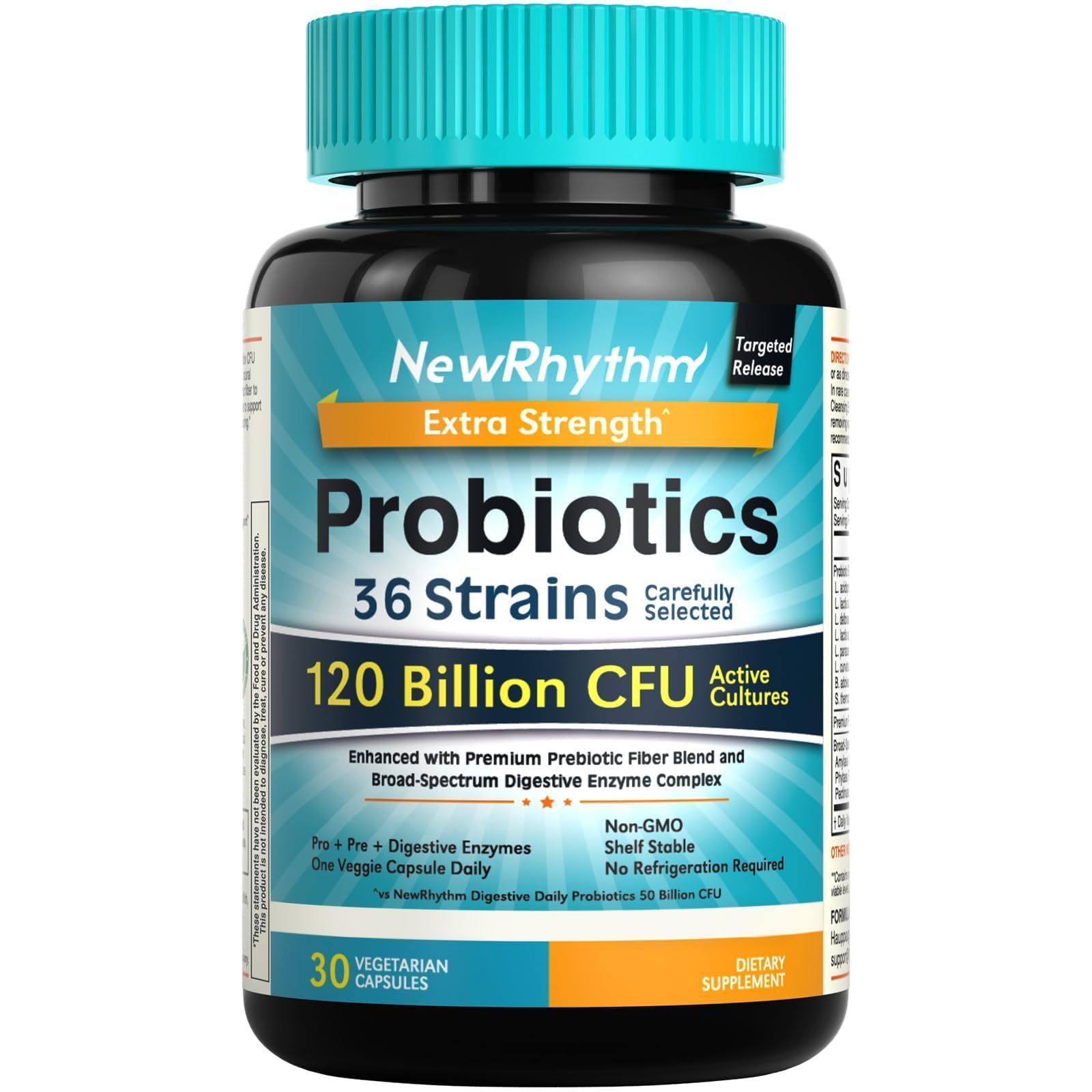 NewRhythm Probiotics frasco 120B CFU para salud digestiva diaria.