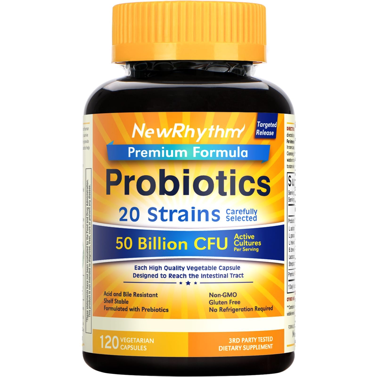 NewRhythm Probiotics frasco de cápsulas con 50 mil millones CFU para uso diario.