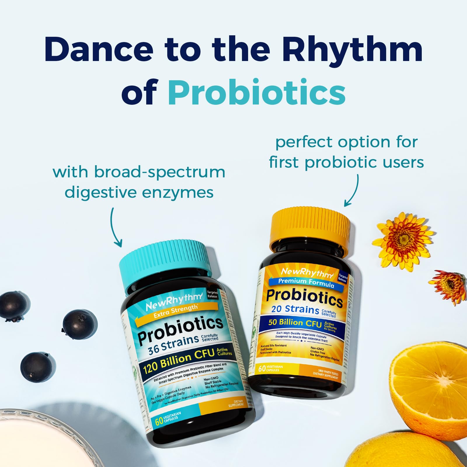 Frasco NewRhythm Probiotics sin necesidad de refrigeración para mayor comodidad