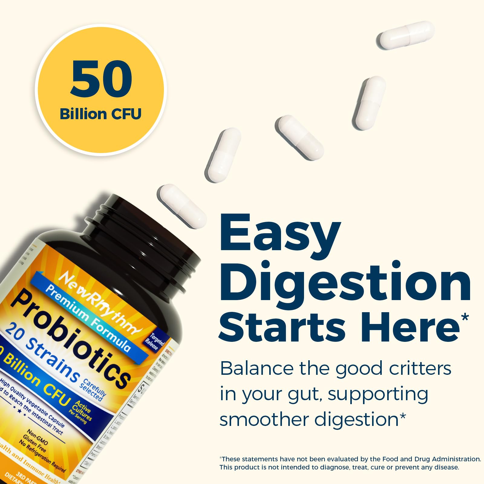 NewRhythm Probiotics, veinte-cepas, cápsulas para equilibrio intestinal.