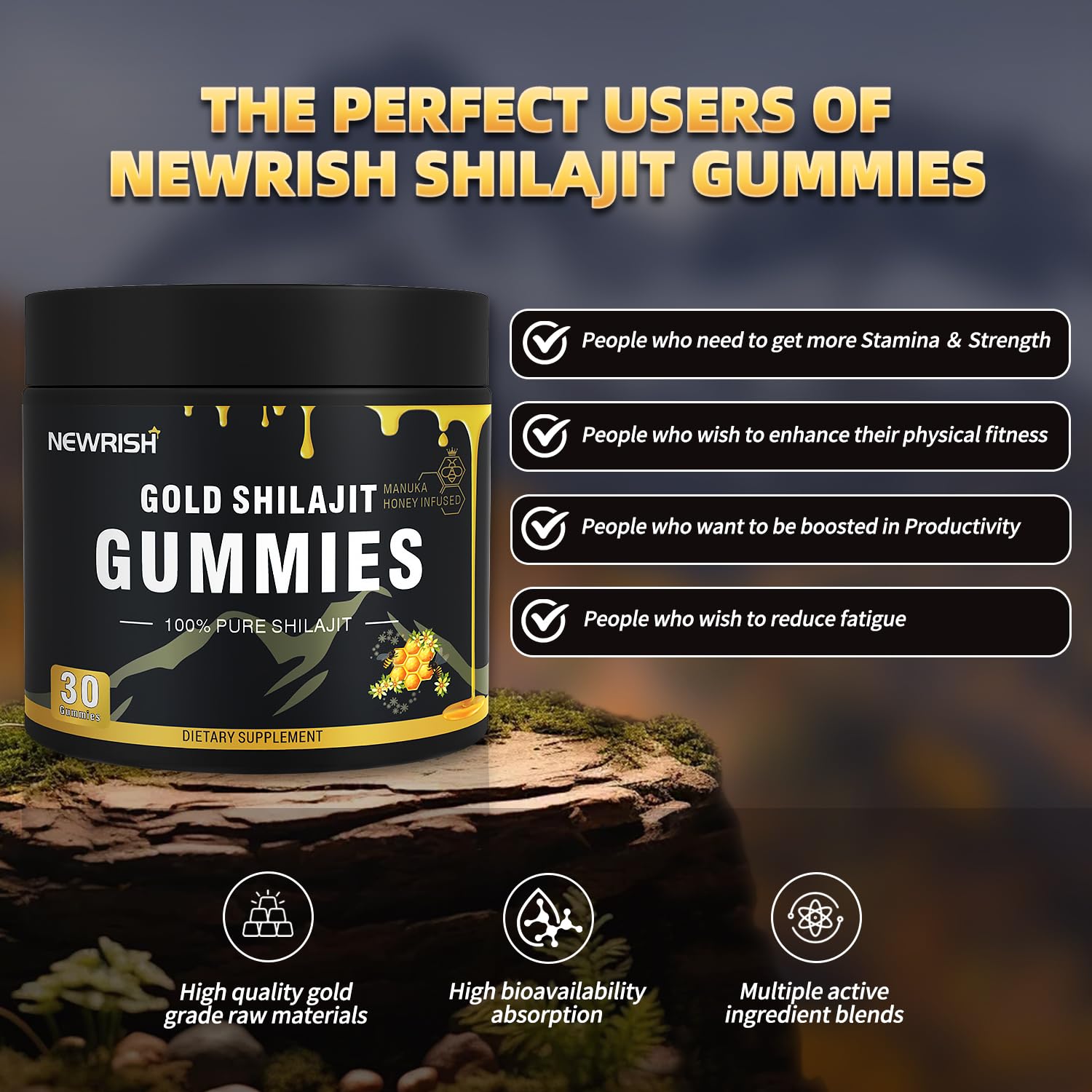 Empaque completo de Newrish Shilajit Gummies para uso diario.