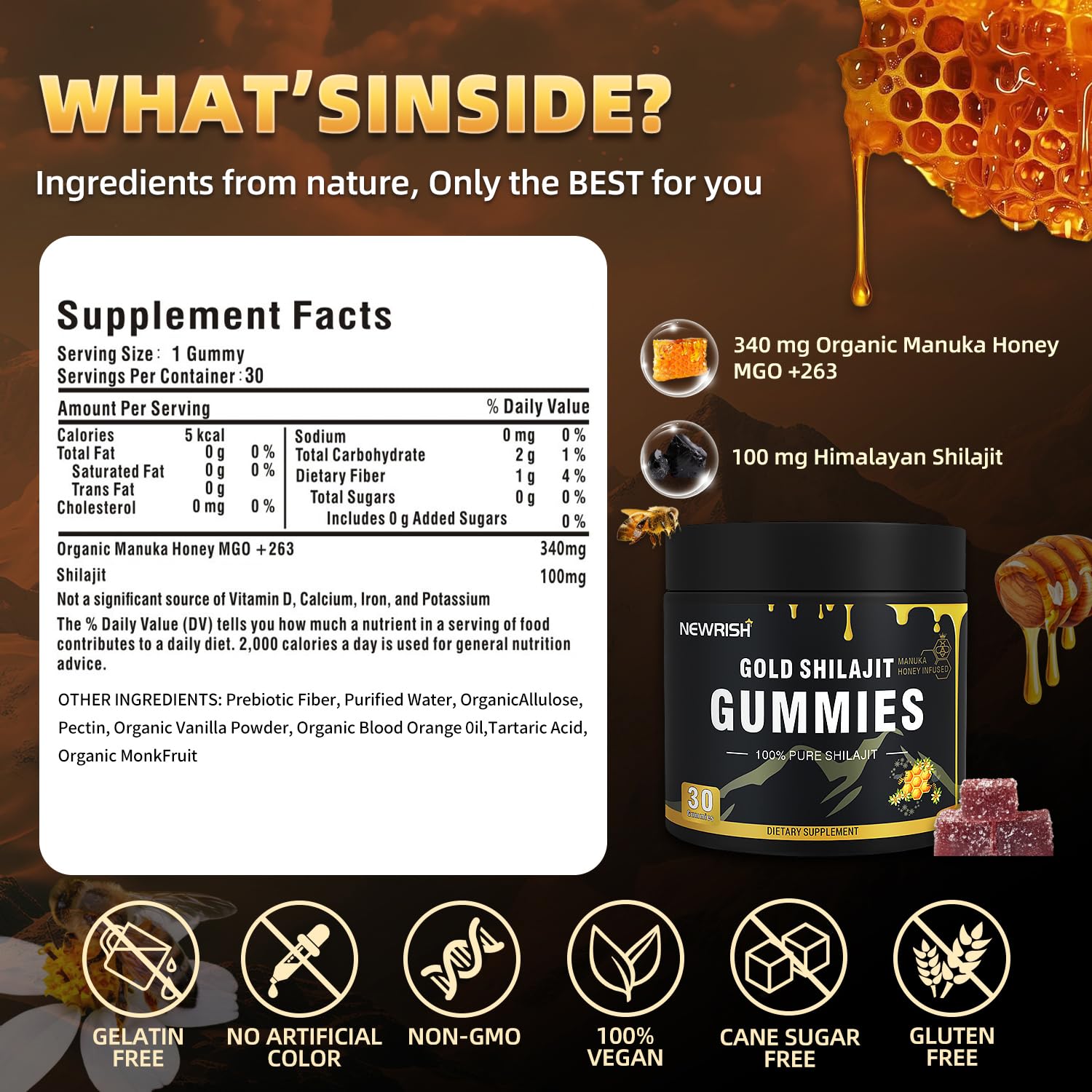 Etiqueta nutrimental de Newrish Shilajit, información clara y transparente.