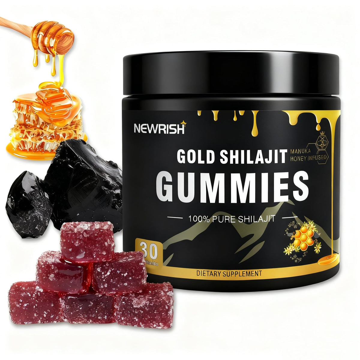 Gominolas Newrish Shilajit con sabor Manuka miel en bote, apoyo a la energía diaria.