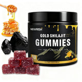 Gominolas Newrish Shilajit con sabor Manuka miel en bote, apoyo a la energía diaria.