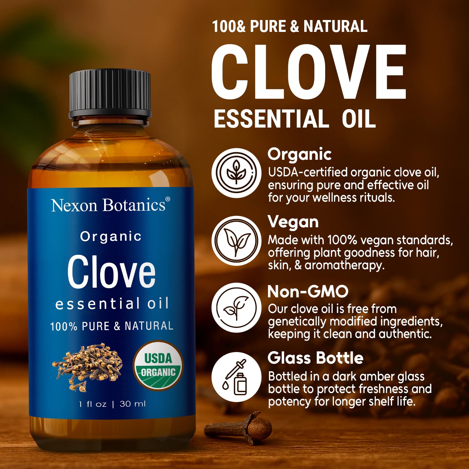 Nexon Botanics Aceite de clavo, gota en la palma para aromaterapia suave.