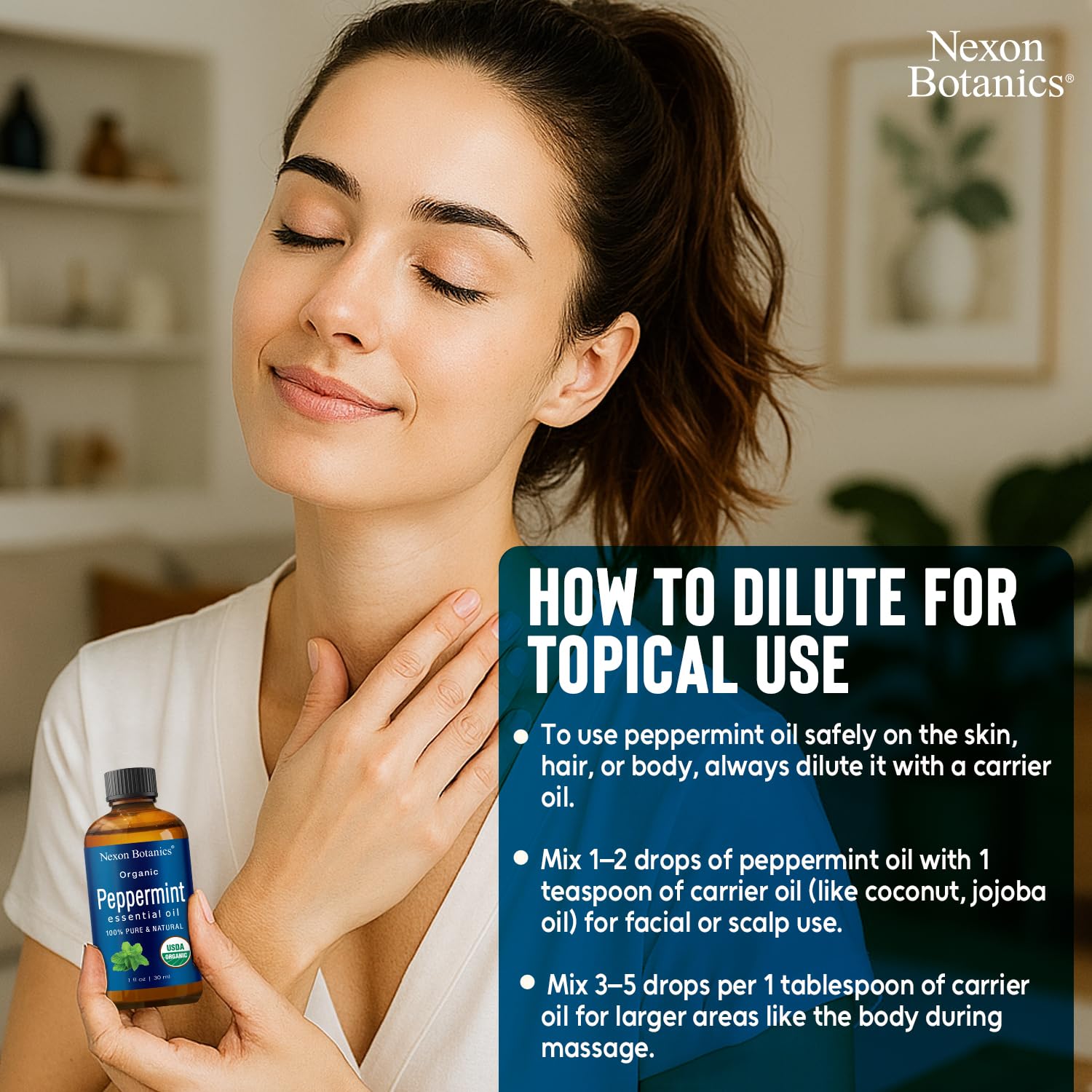 Aceite de menta orgánico Nexon Botanics para cosmética casera y cuidado de piel.