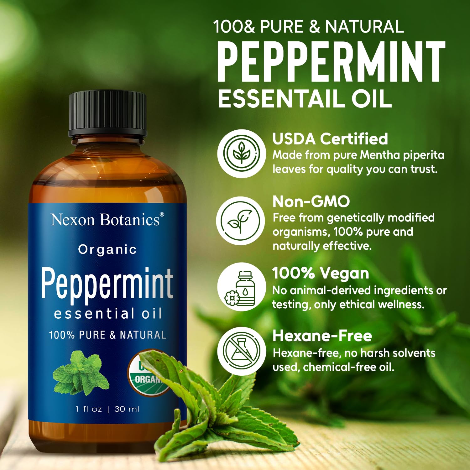 Aceite de menta orgánico Nexon Botanics en envase ámbar para conservar la pureza.