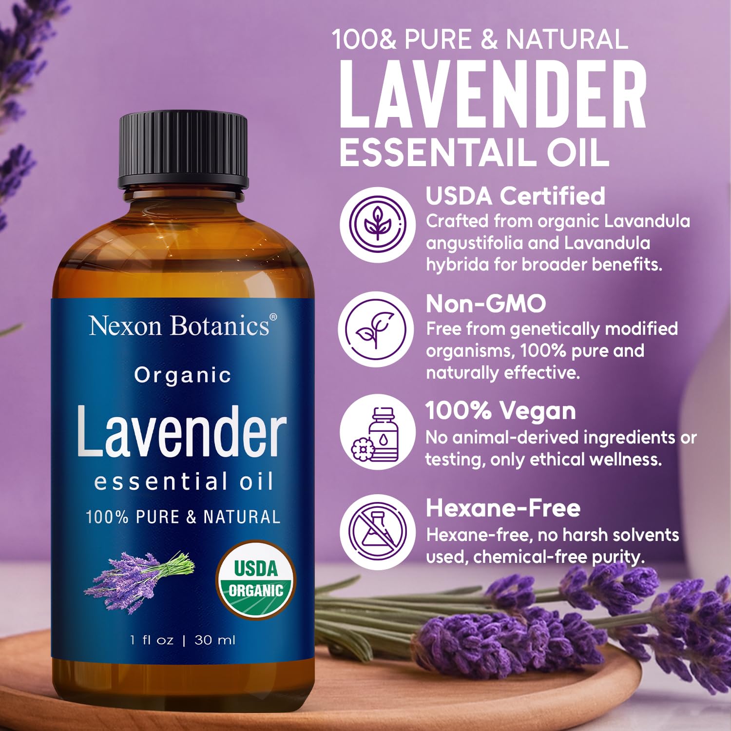 Nexon Botanics Lavanda: uso tópico diluido para cuidado de la piel.