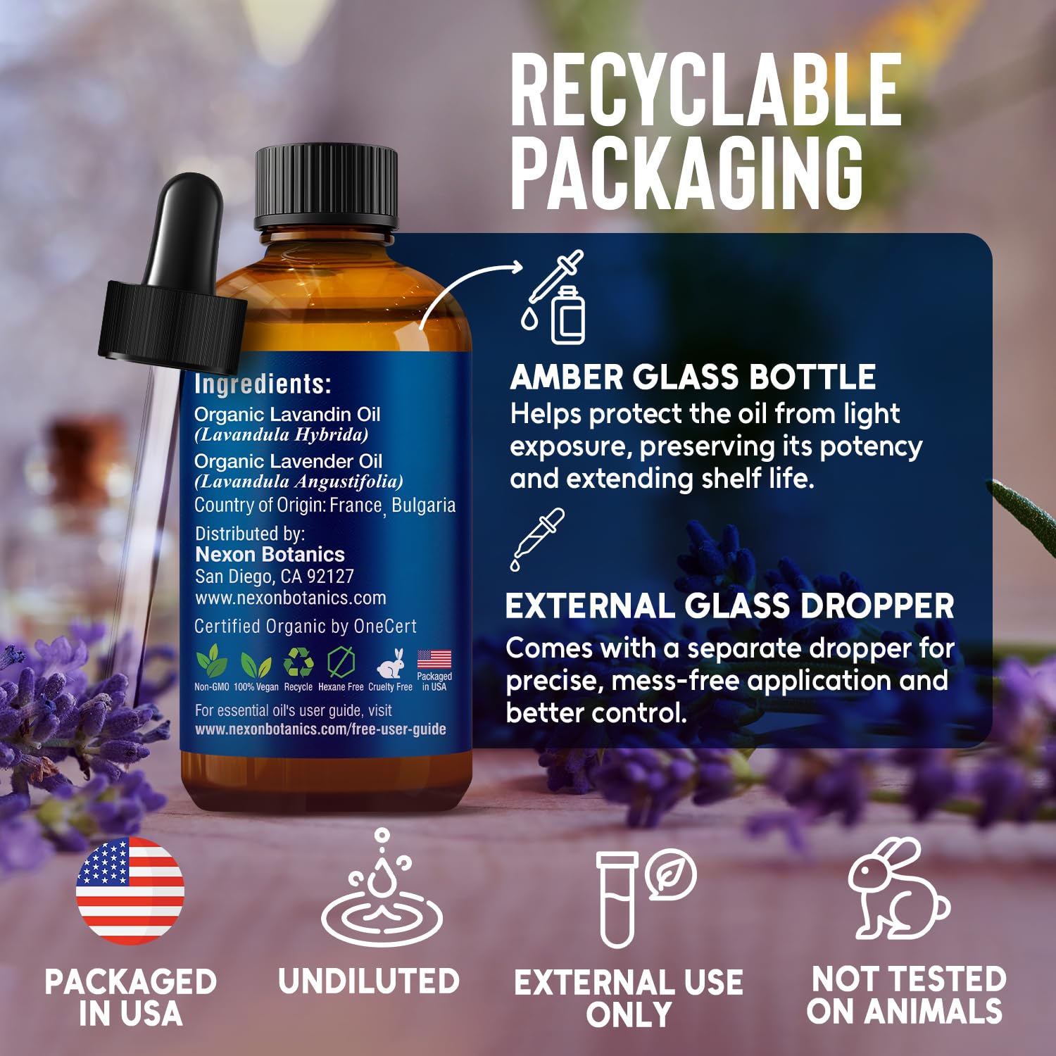 Nexon Botanics Lavanda: envase ámbar con gotero para almacenamiento seguro.