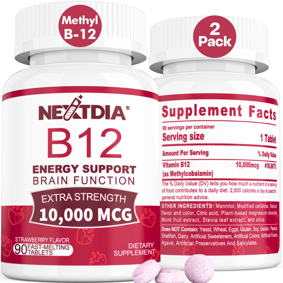 Nextdia B12 tableta sublingual sabor fresa para energía diaria y claridad