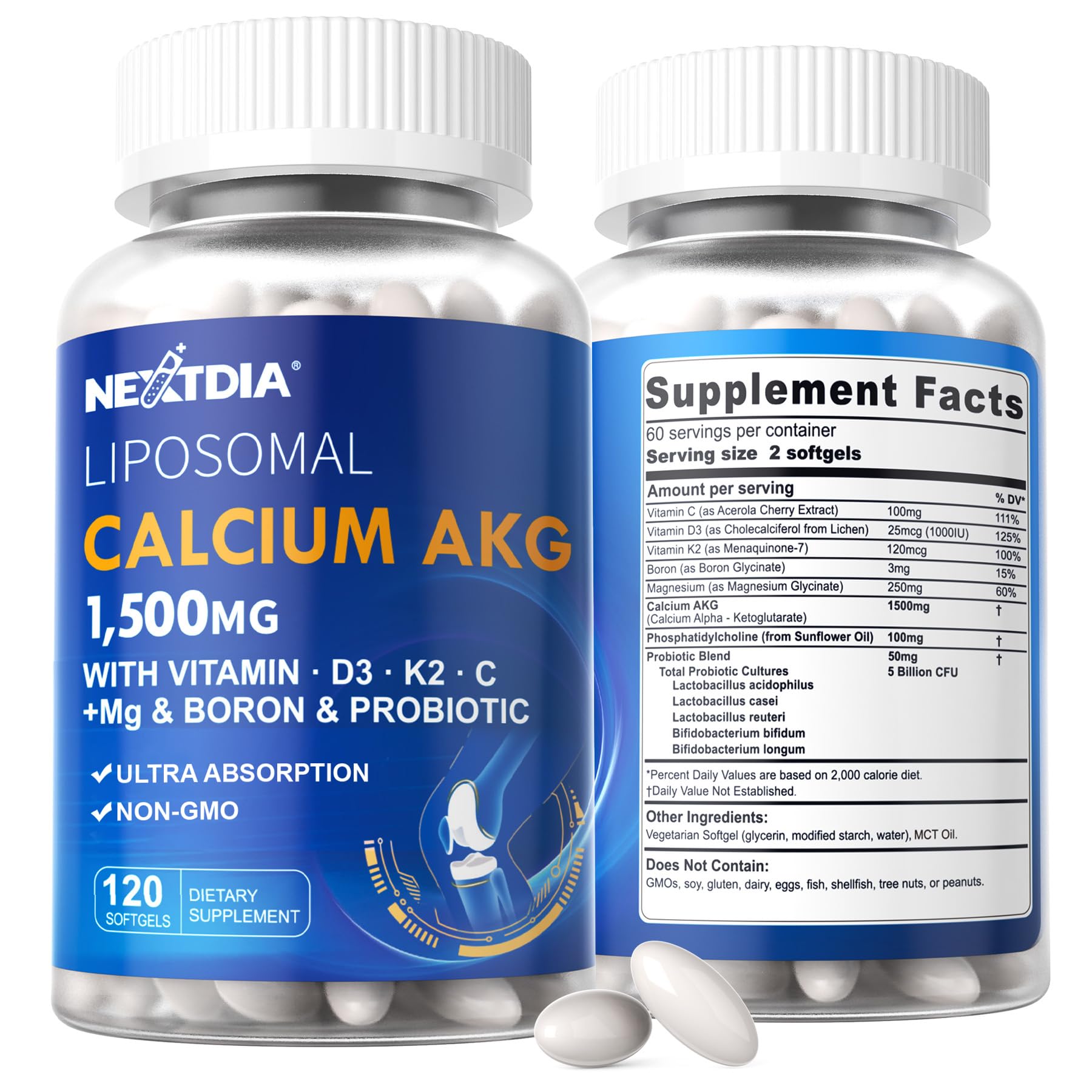 Nextdia Calcio AKG Liposomal 1500mg, botella, apoyo para huesos saludables.