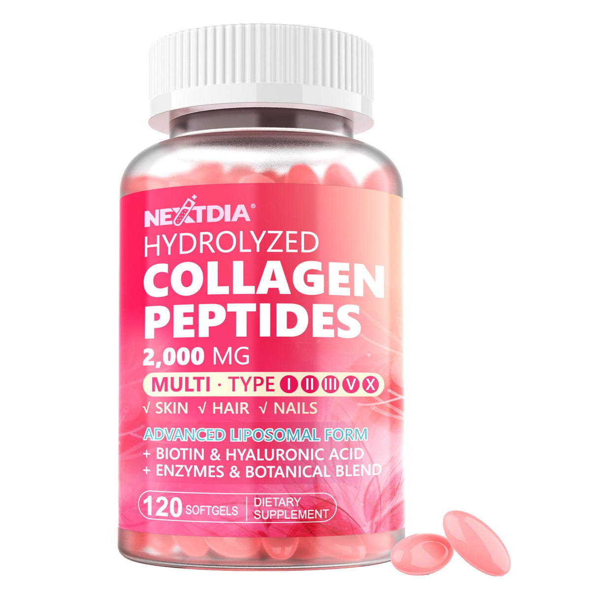 Nextdia colágeno hidrolizado en cápsulas, botella para belleza desde adentro.
