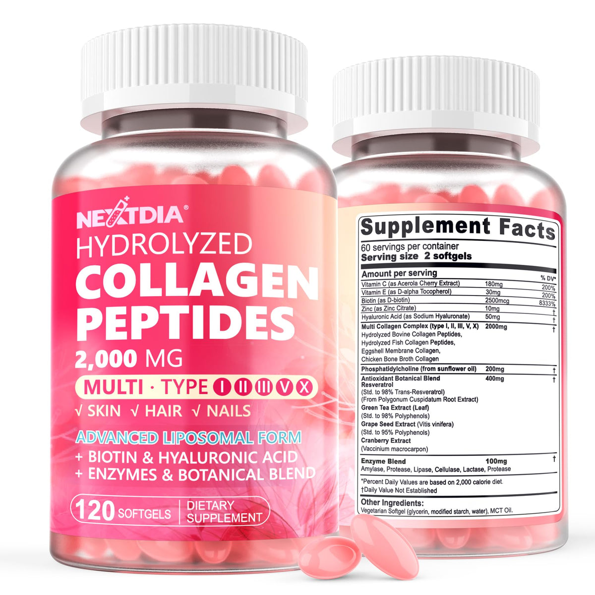 Nextdia cápsulas liposomales de colágeno para piel radiante y uñas fuertes.