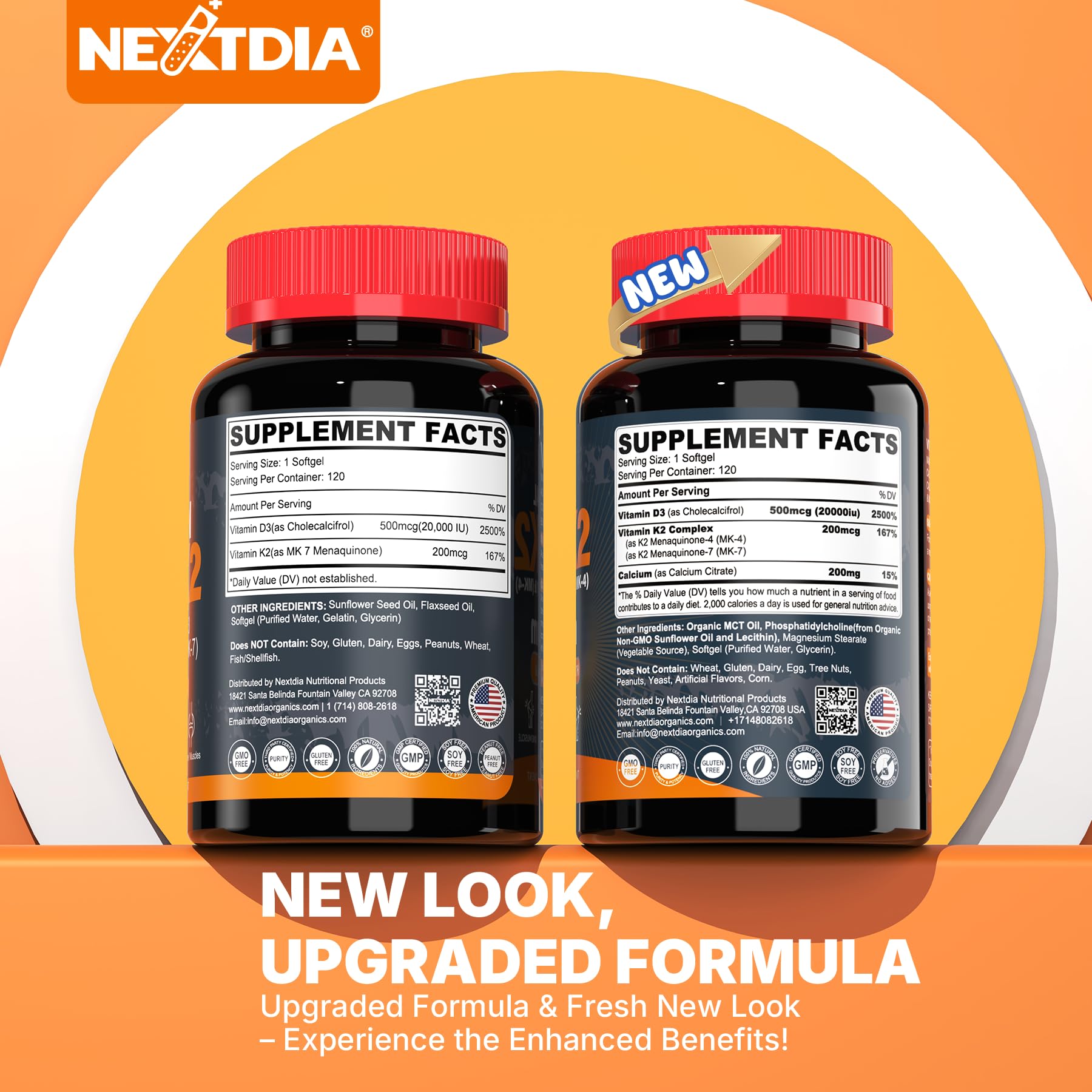 Cápsulas blandas Nextdia D3K2, botella dorso: detalle de ingredientes para confianza.