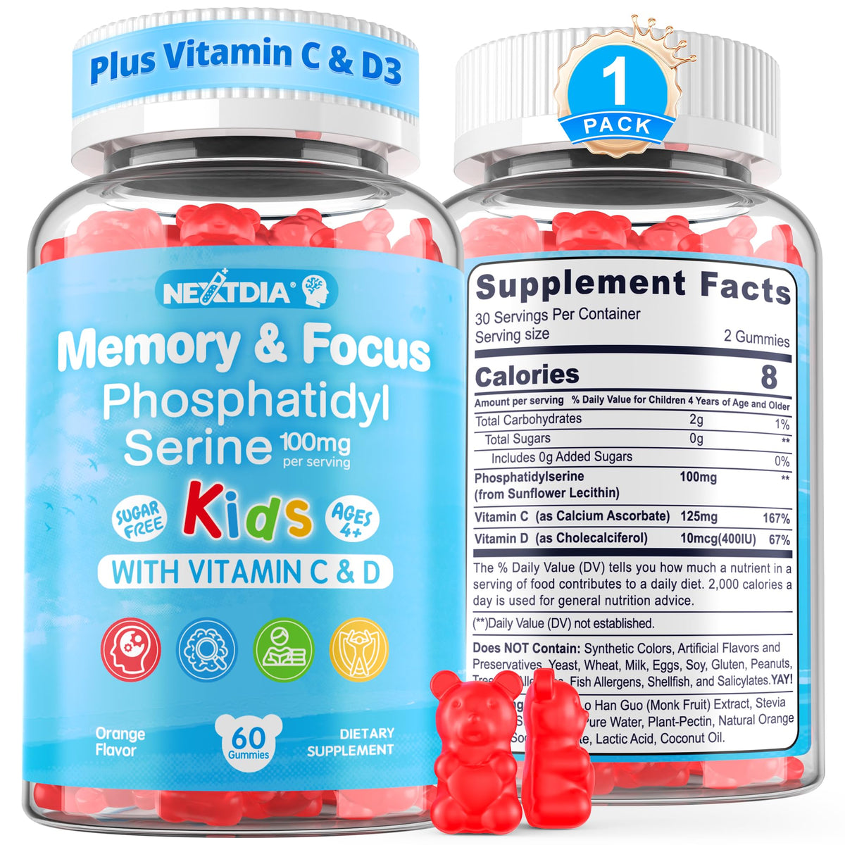 Nextdia fosfatidilserina 100 mg, botella de gomitas para concentración infantil