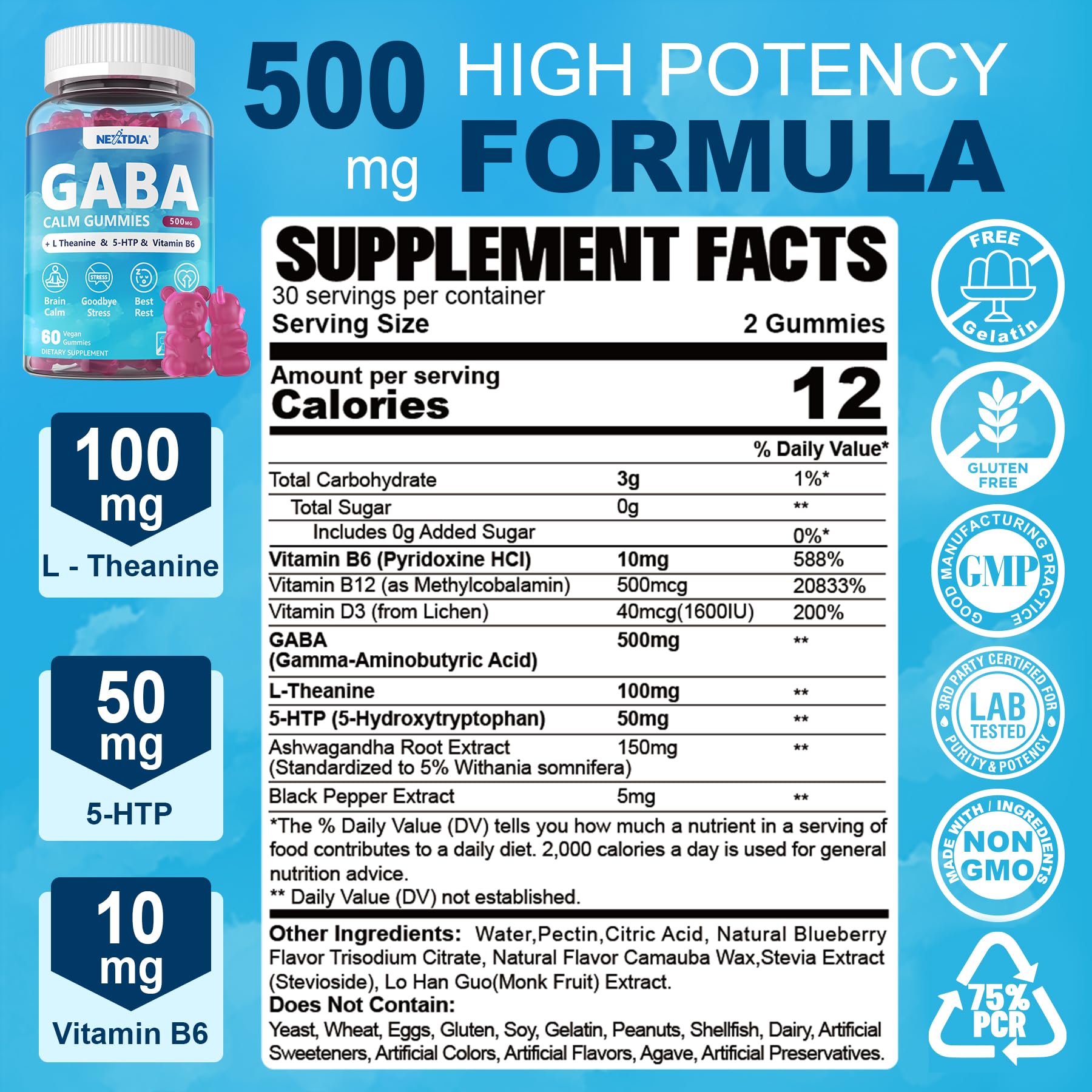 Nextdia GABA Gummies botella de vidrio para consumo rápido y opción sin azúcar.