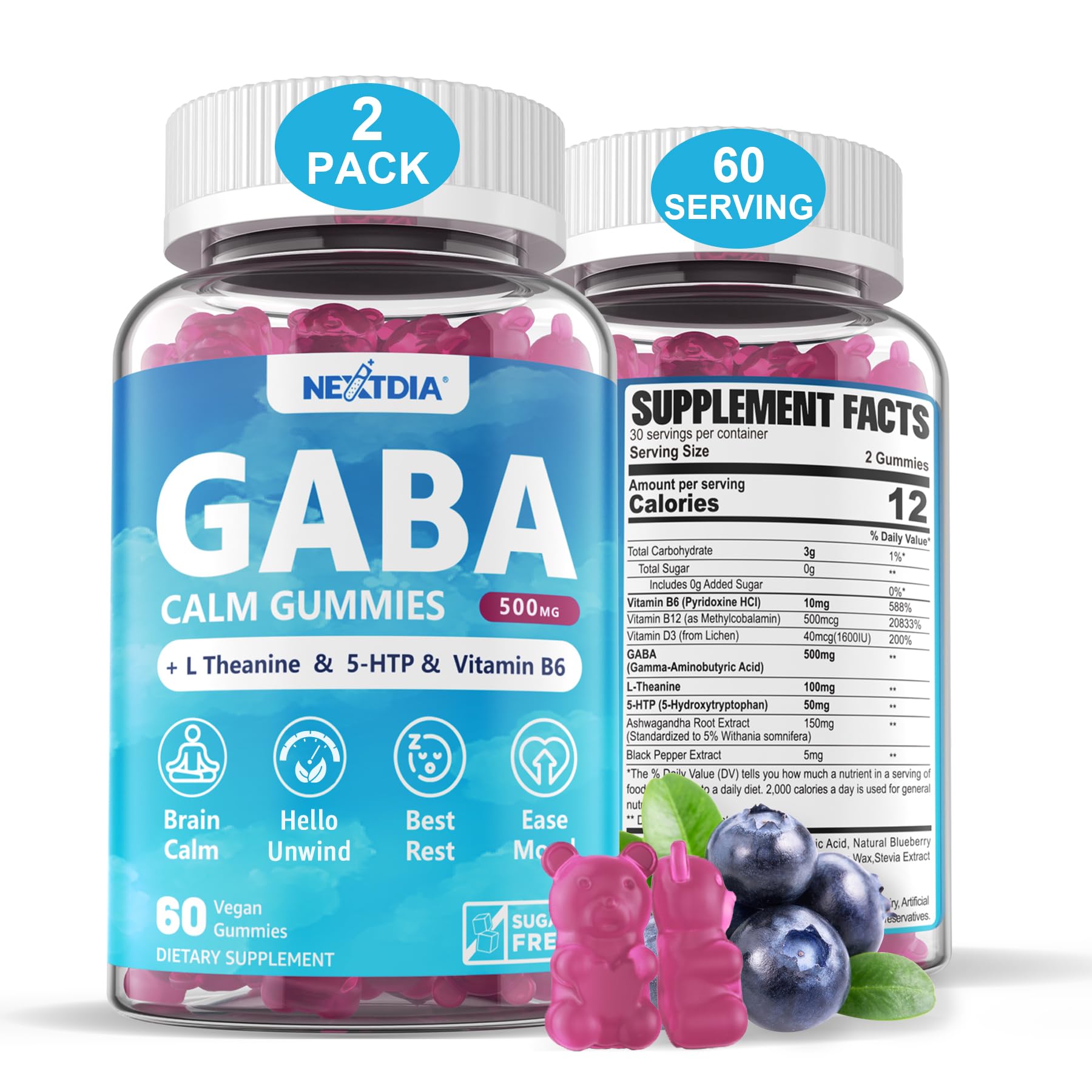 Nextdia GABA Gummies sabor arándano para apoyo a la calma diaria.