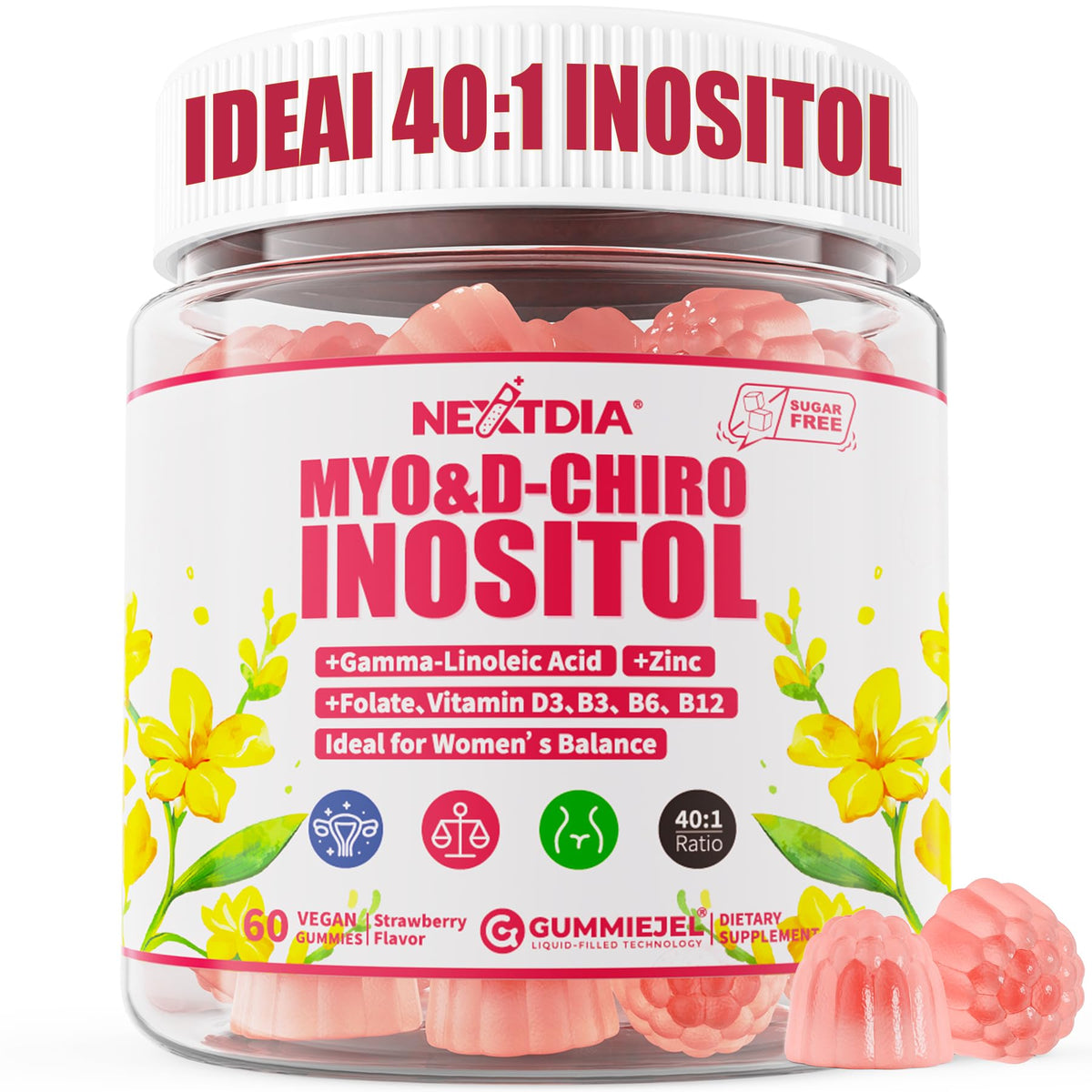 Nextdia gominolas de inositol, botella, apoyo suave al equilibrio hormonal