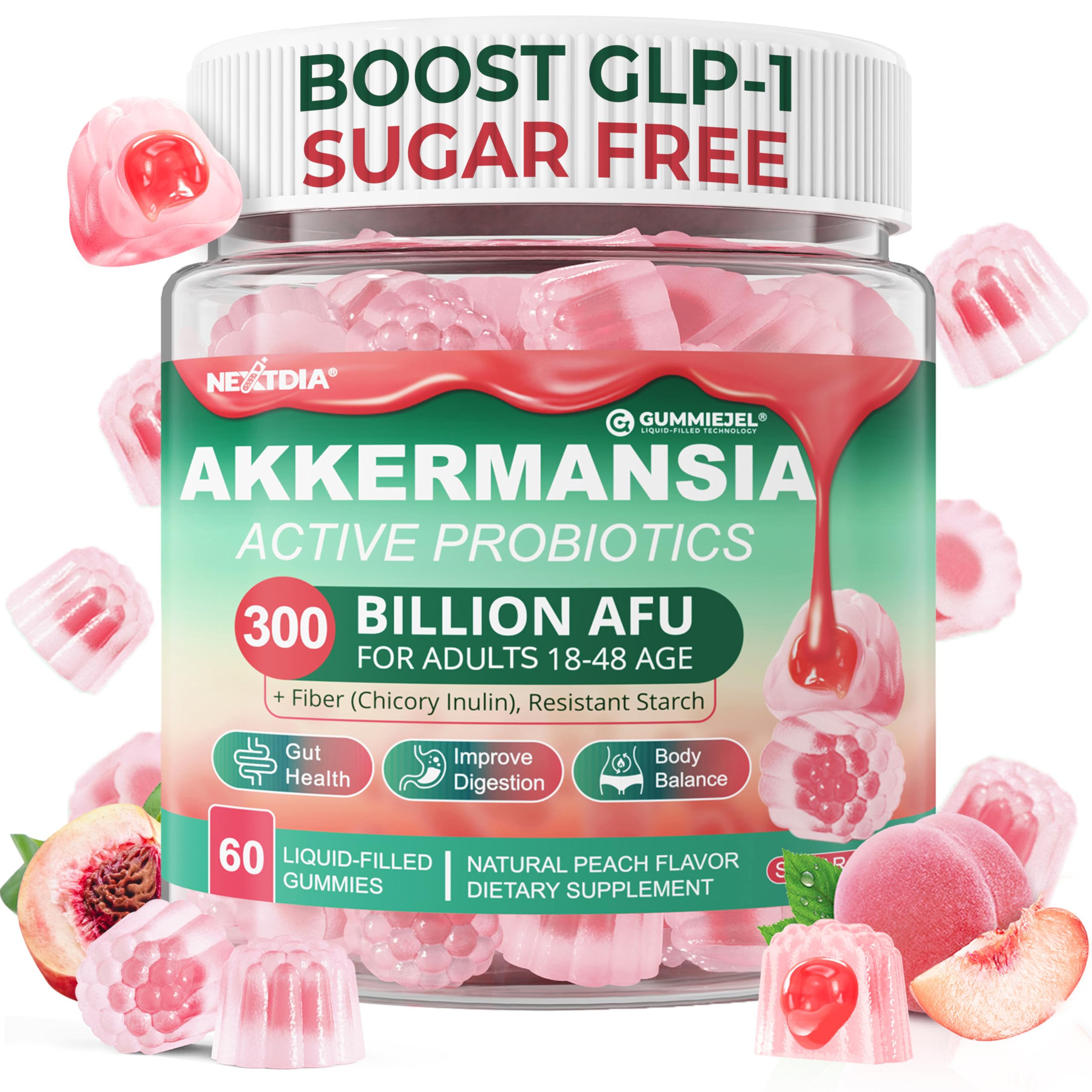 Nextdia Akkermansia Muciniphila gominolas con 300 mil millones AFU para apoyo intestinal.