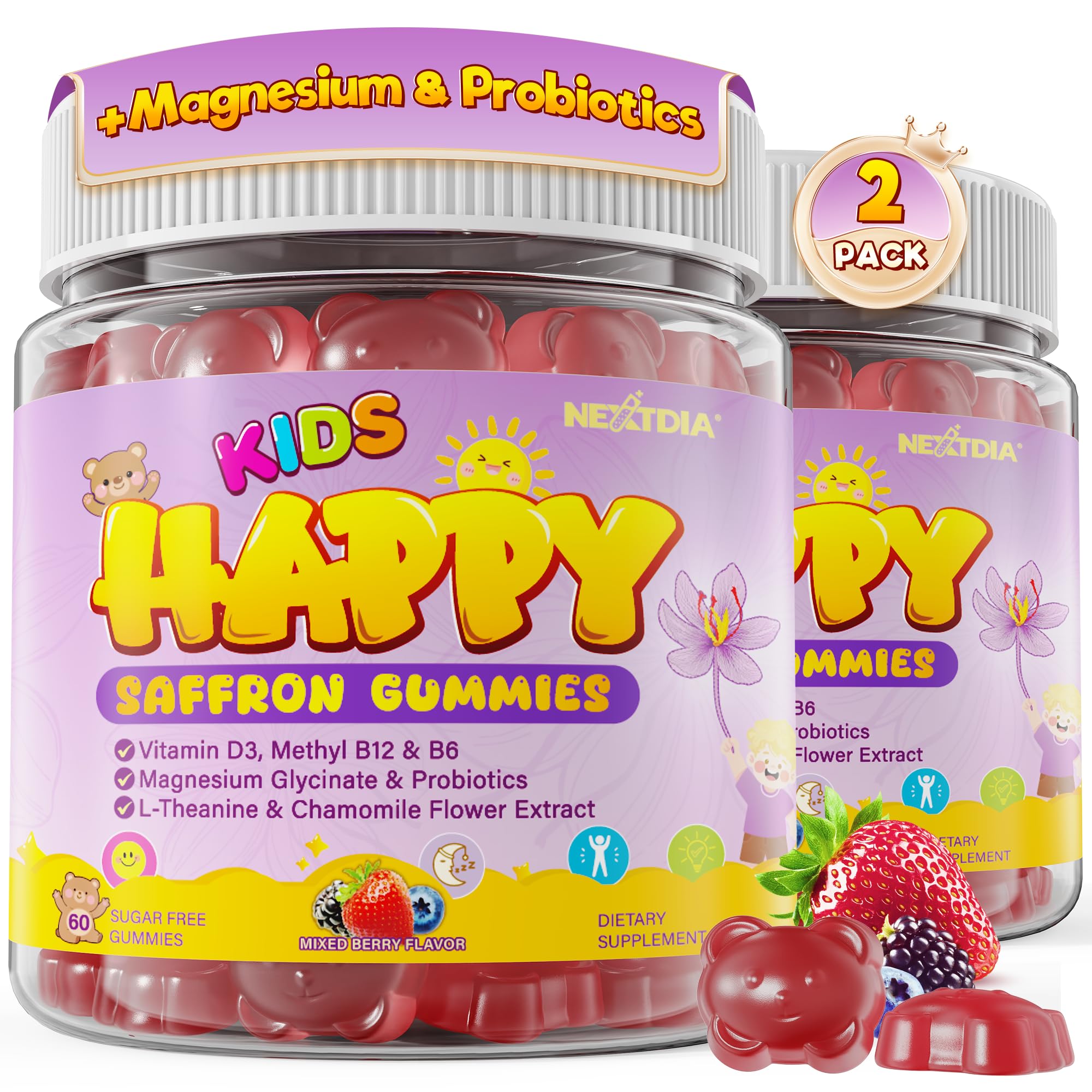 Gomitas feliz azafrán Nextdia, botella visible para uso diario suave.