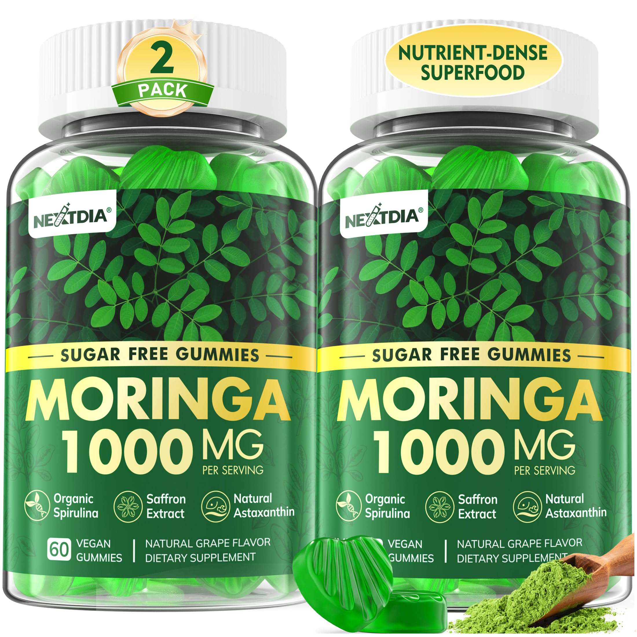Nextdia gomitas Moringa en frasco, conveniente dosis diaria sin azúcar.