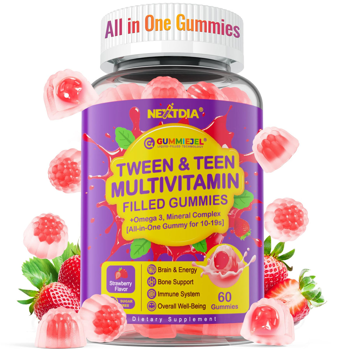 Nextdia gominolas multivitamínicas sin azúcar con sabor a fresa, para adolescentes activos.