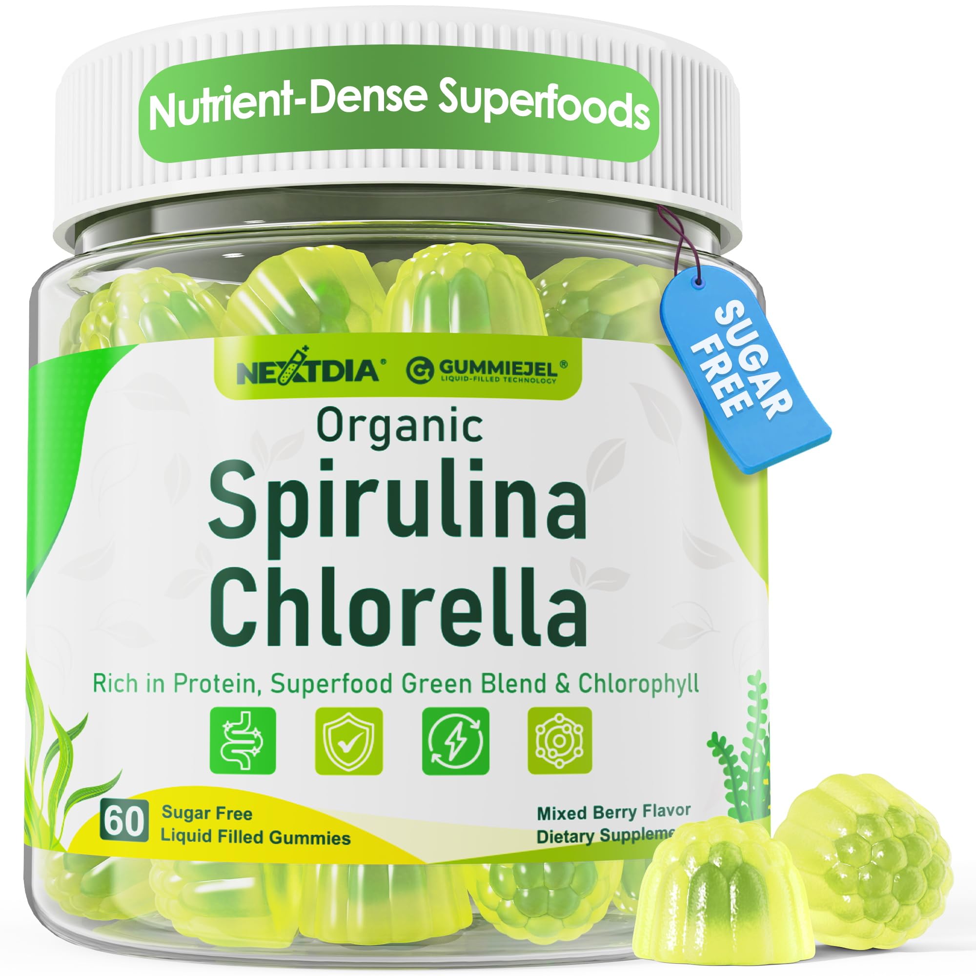 Nextdia gomitas spirulina-chlorella, empaque práctico para consumo diario.
