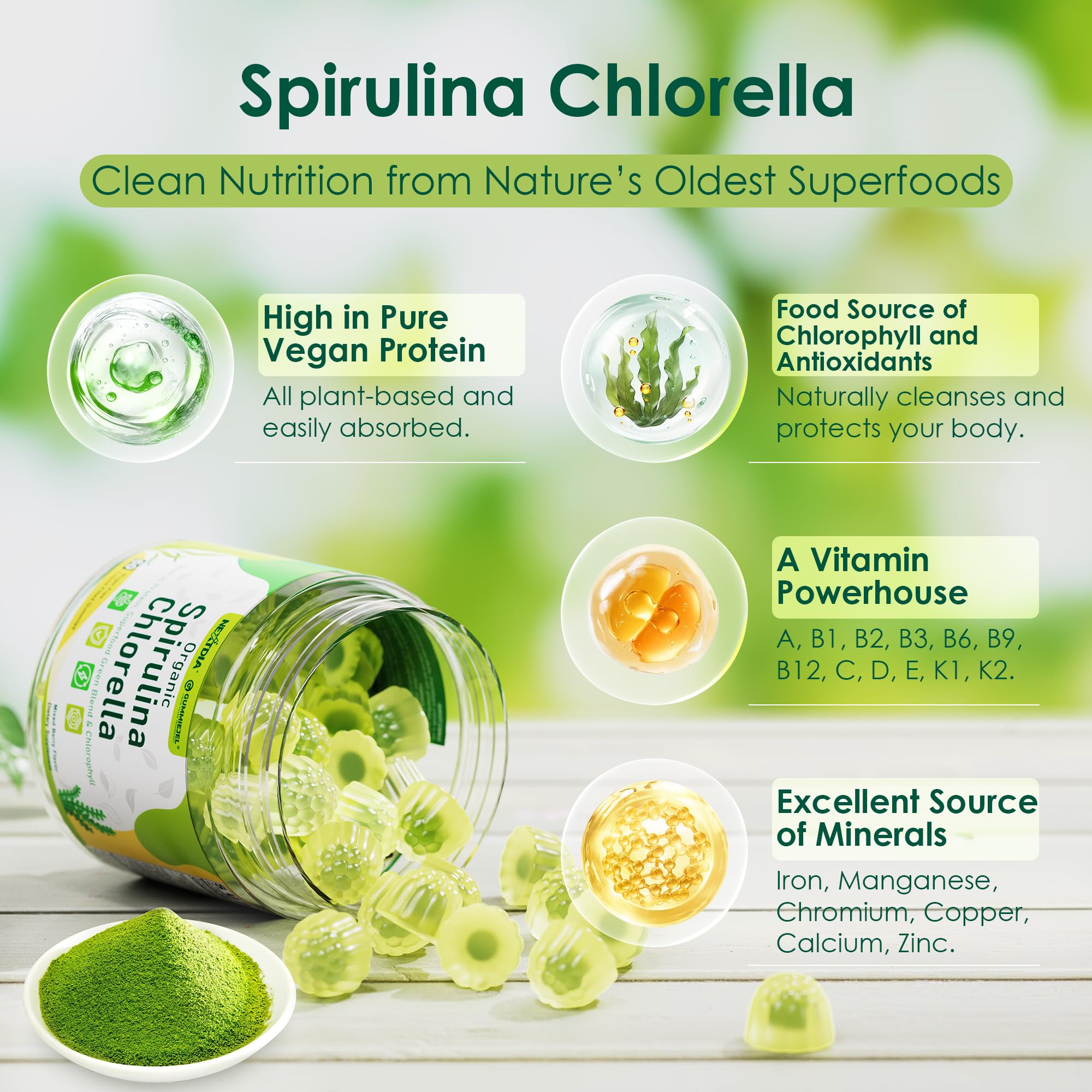 Nextdia gomitas spirulina-chlorella, sabor arandano y beneficio antioxidante.