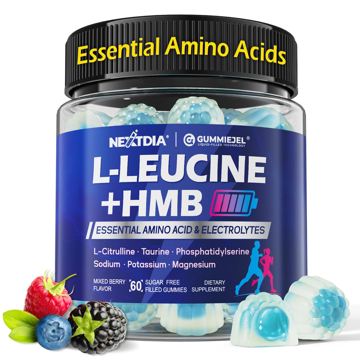 Gomitas Nextdia HMB L‑Leucina en botella para consumo rápido durante entreno