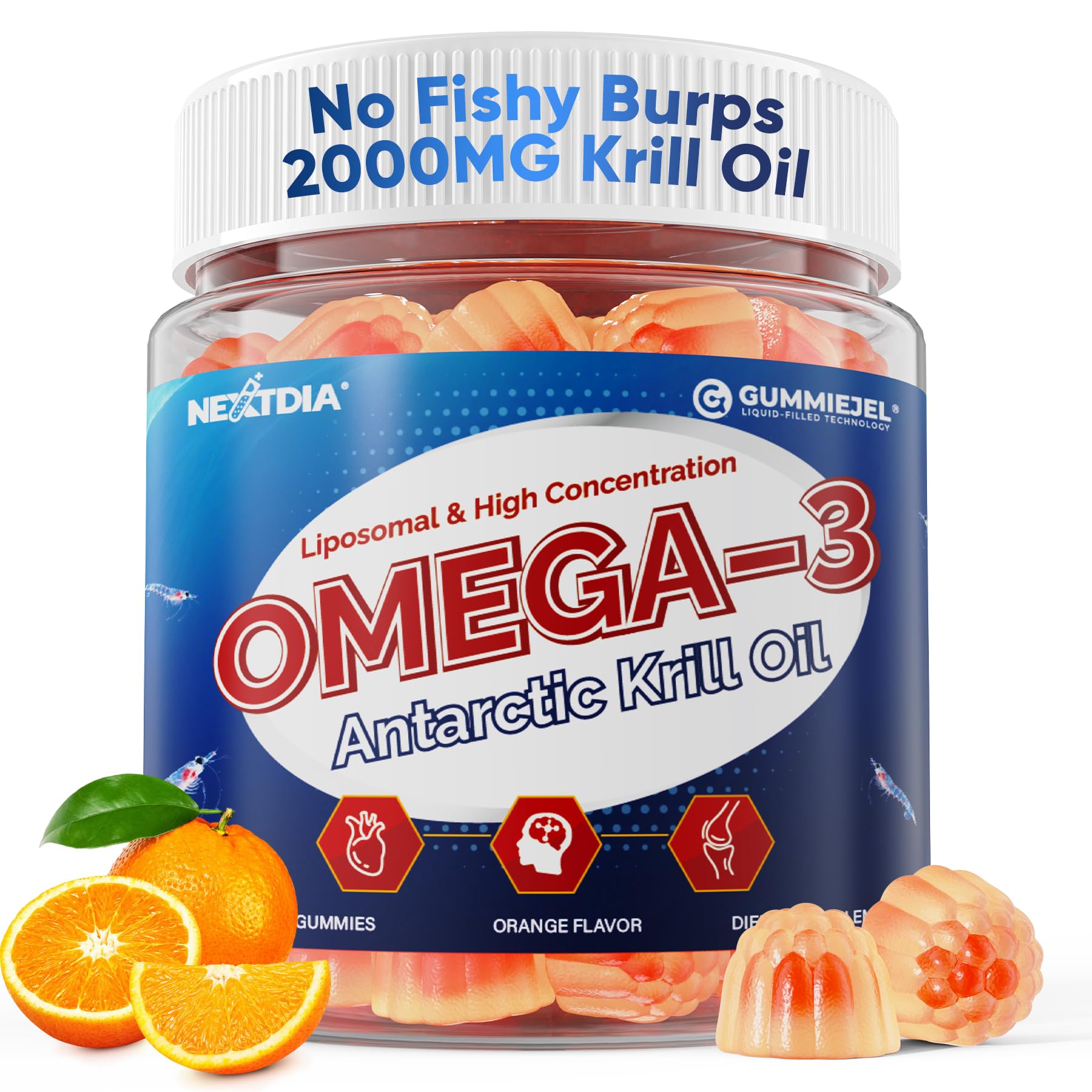 Empaque de Nextdia Liposomal Krill Omega-3 Gummies para una dosis diaria conveniente.