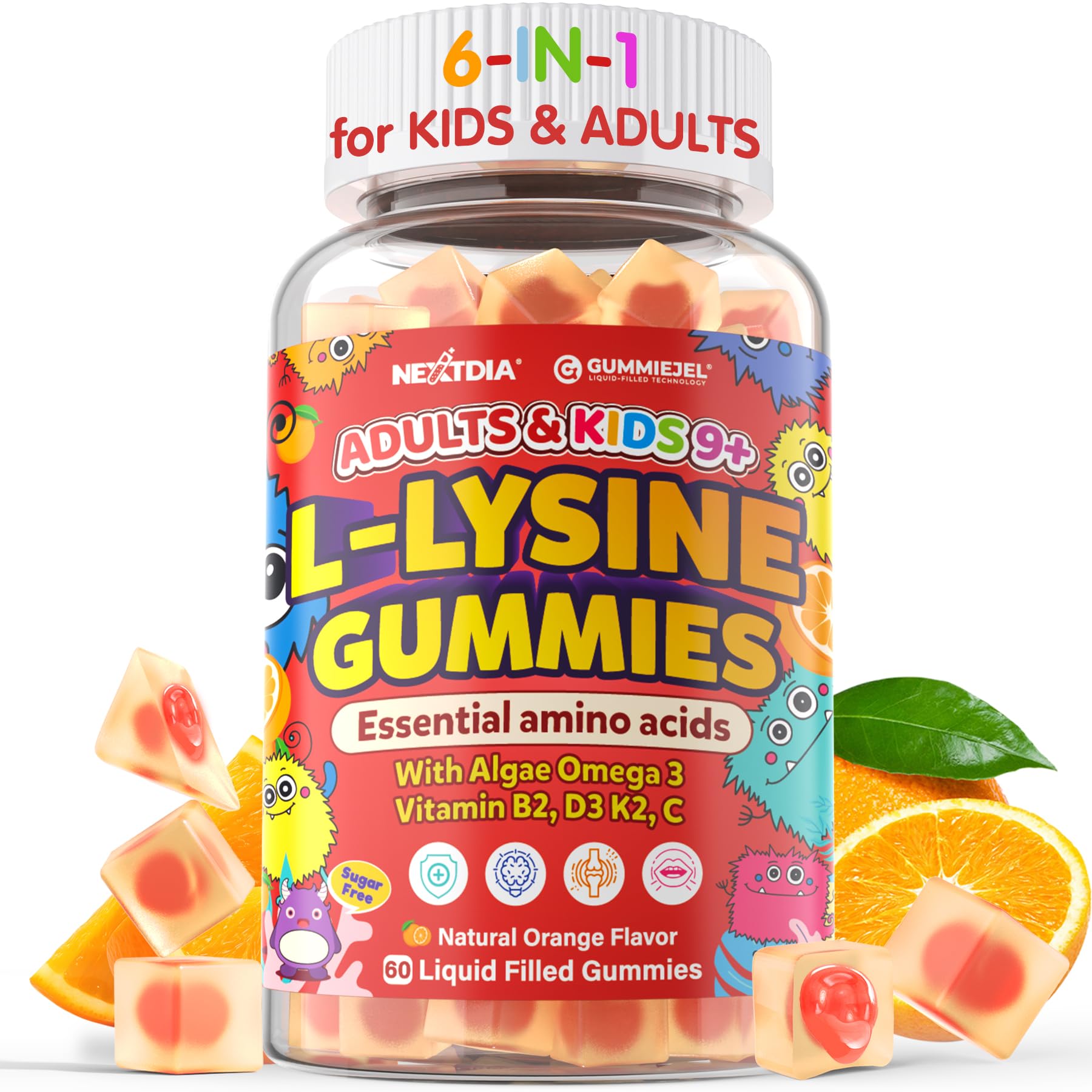 Nextdia L-Lysine gominolas frente al envase, apoyo inmunitario diario.