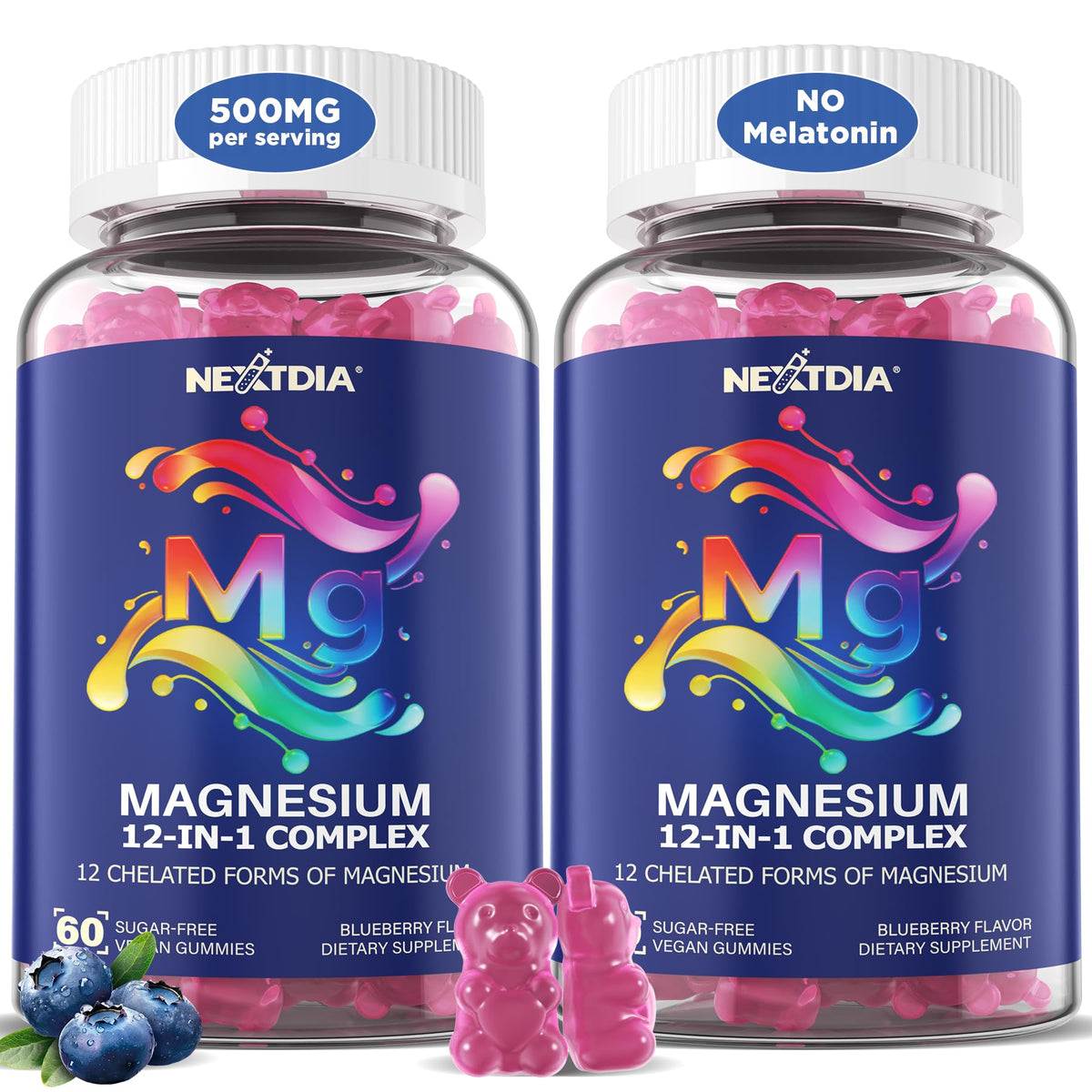 Nextdia Magnesium 12 en 1, frasco de gomitas frente, promueven relajación suave y sueño natural.
