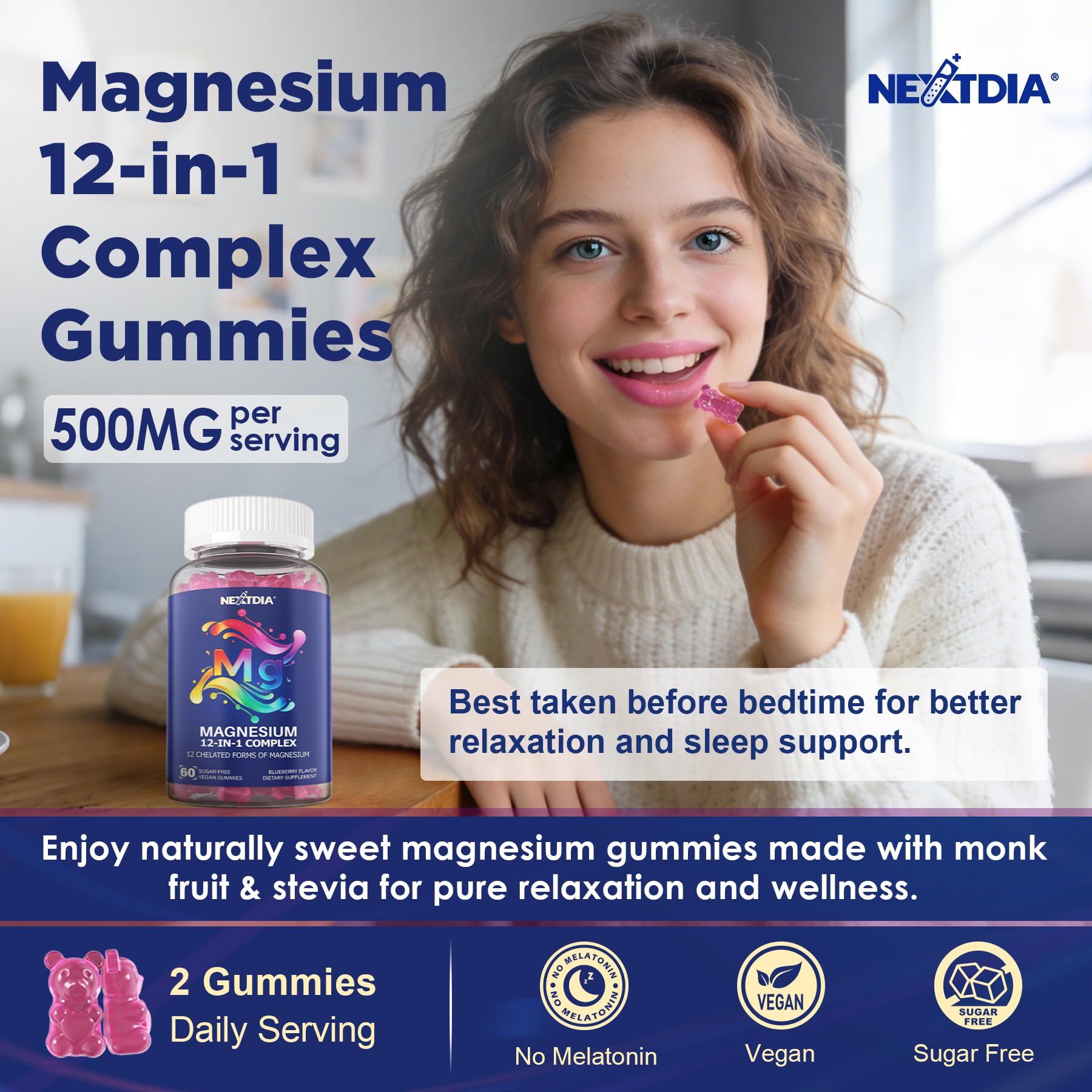 Nextdia Magnesium 12 en 1, uso nocturno, promueve equilibrio y descanso sin somnolencia artificial.
