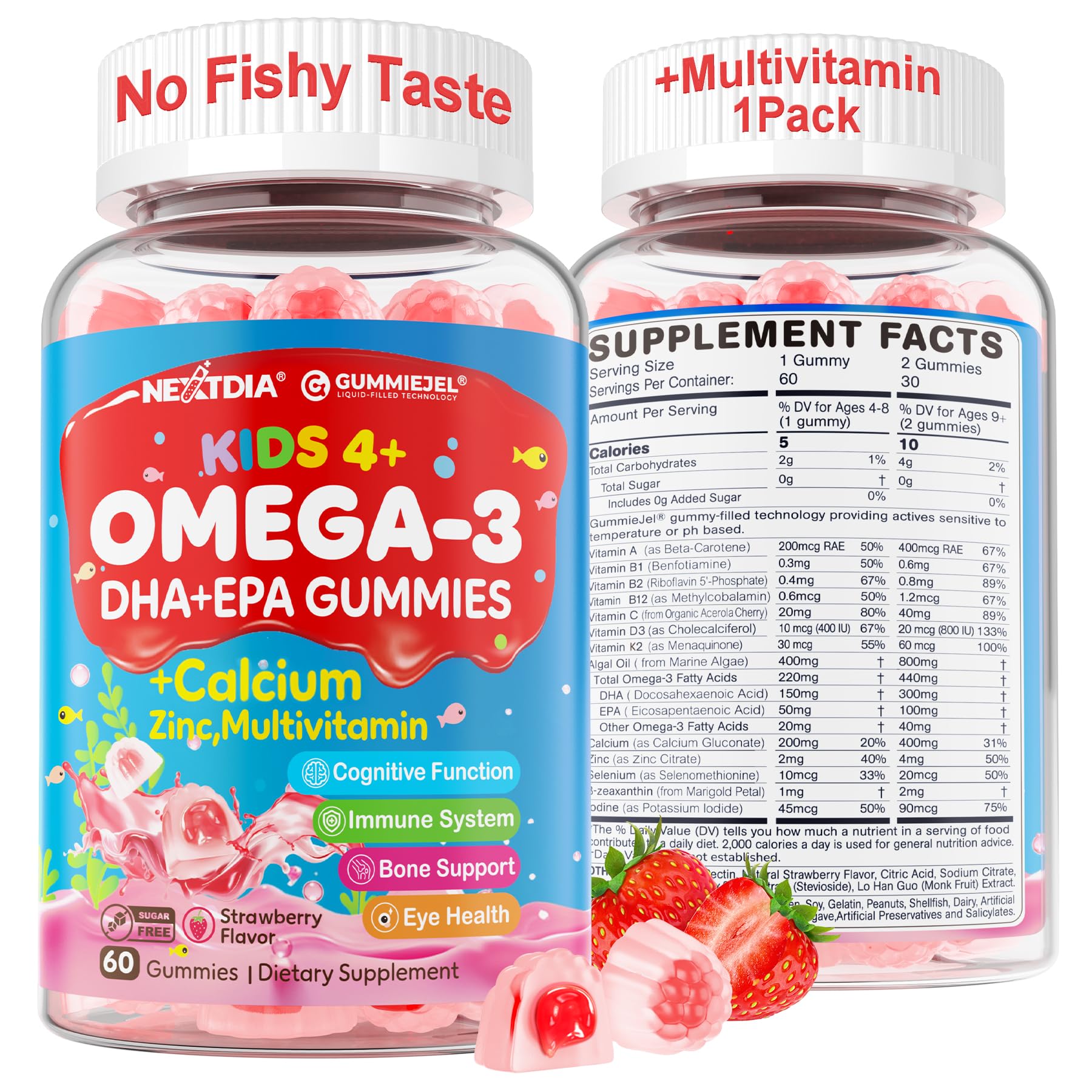 Envase de Nextdia Omega-3 Gummies para niños, fácil de incorporar a la rutina diaria.