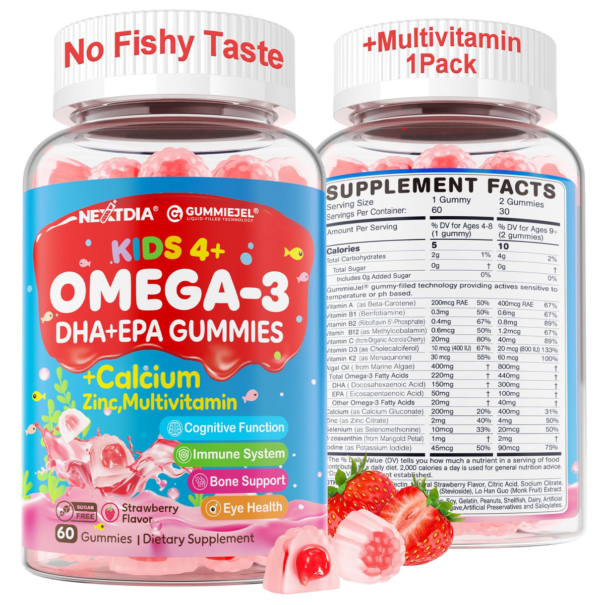Envase de Nextdia Omega-3 Gummies para niños, fácil de incorporar a la rutina diaria.