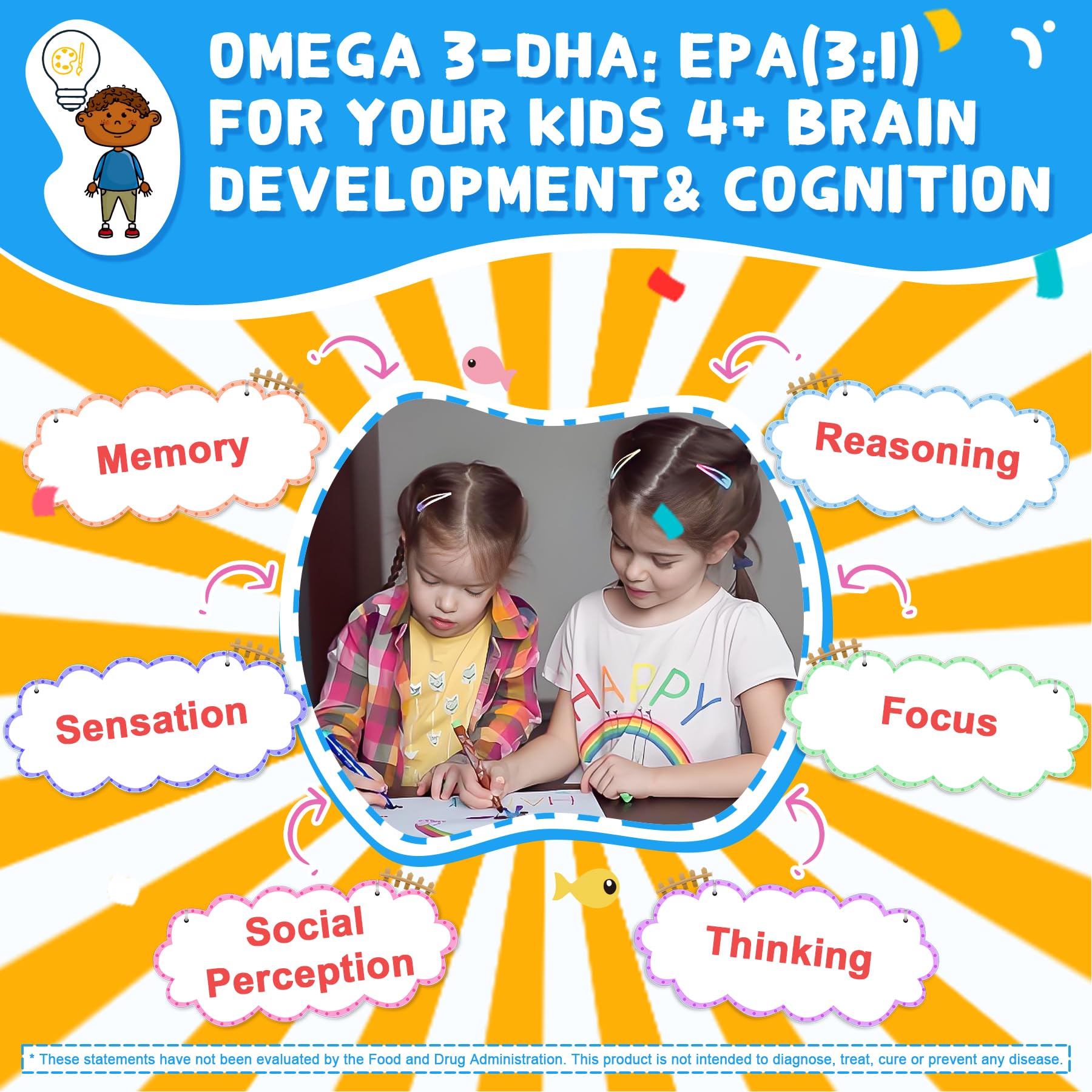 Gominolas con DHA/EPA y multivitaminas para apoyar la concentración en niños.