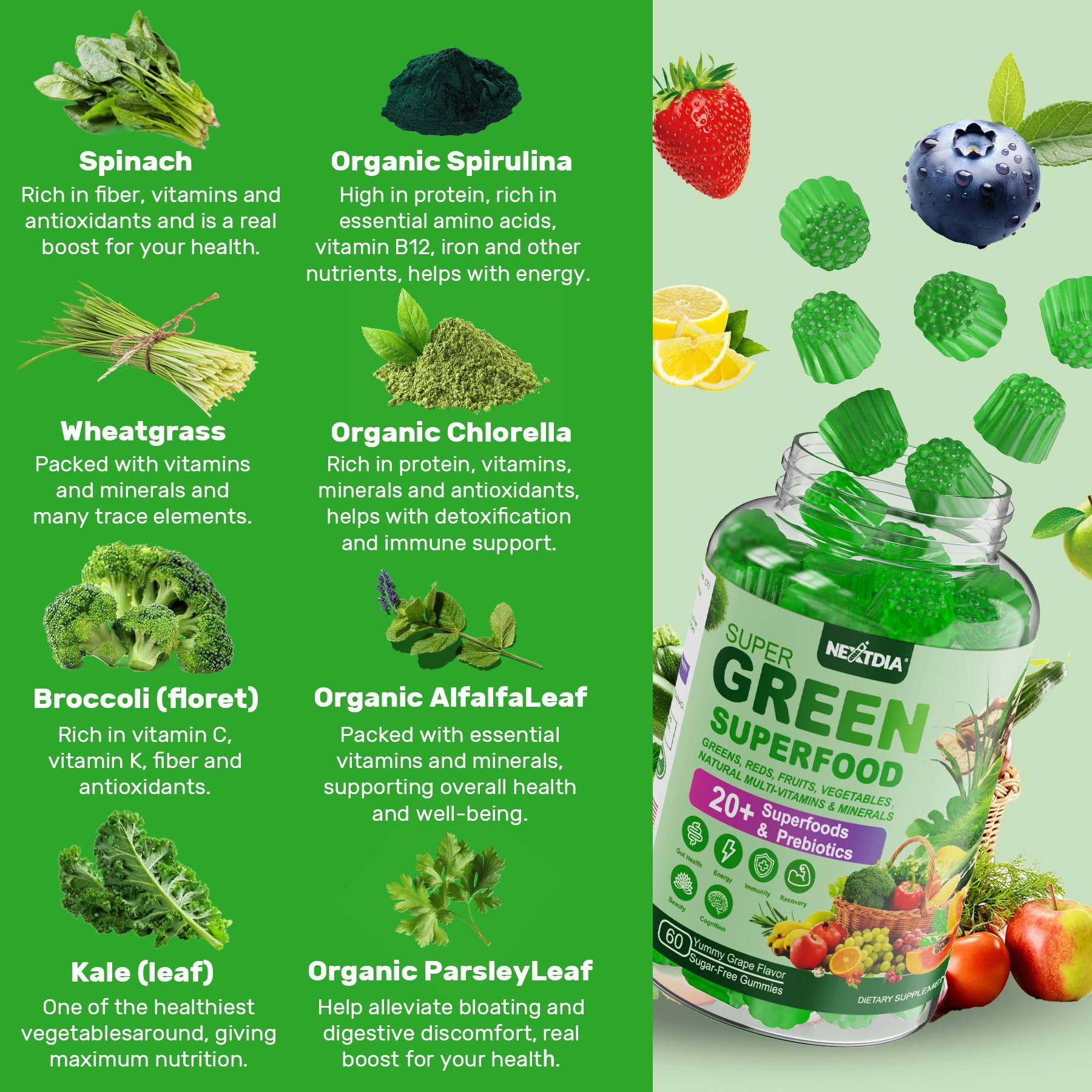 Nextdia Super Greens ingredientes espirulina y chlorella, nutrición diaria
