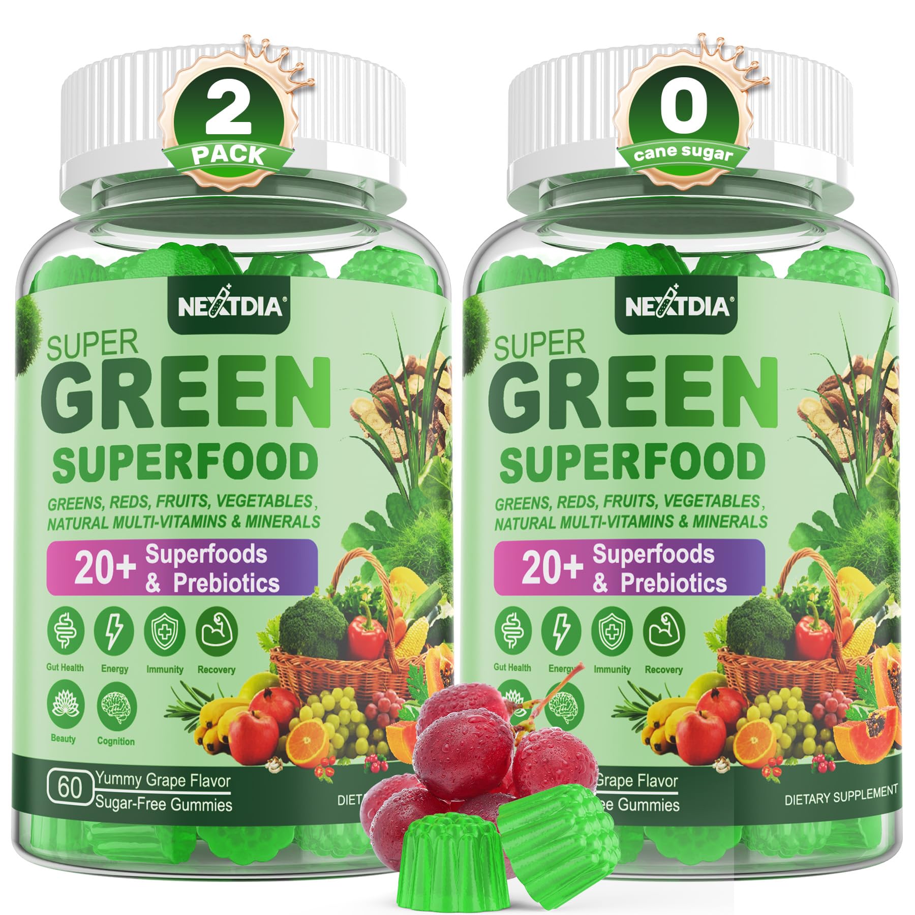 Nextdia Super Greens gomitas en botella, formato práctico para energía diaria