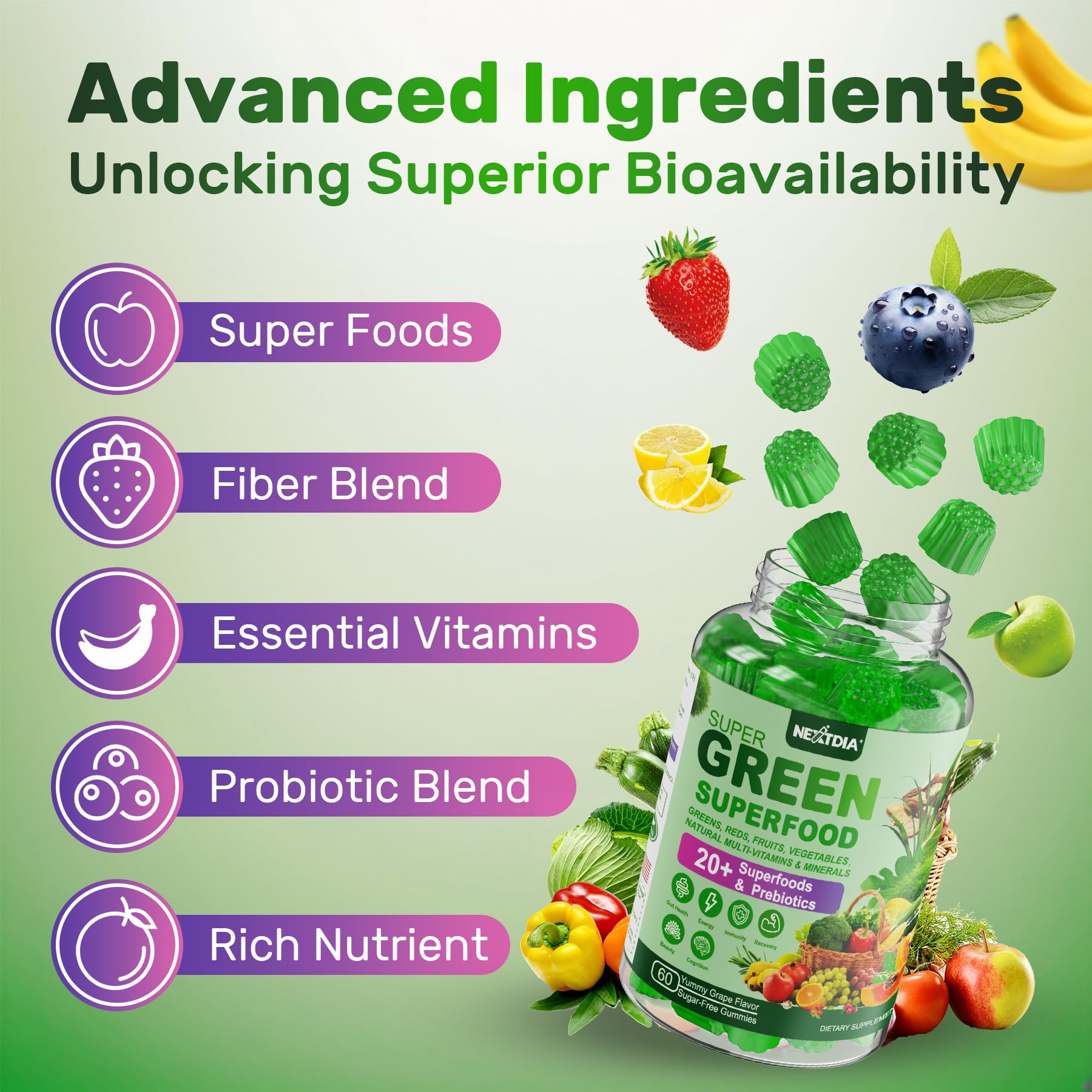 Nextdia Super Greens sin gluten y sin lactosa, sabor uva
