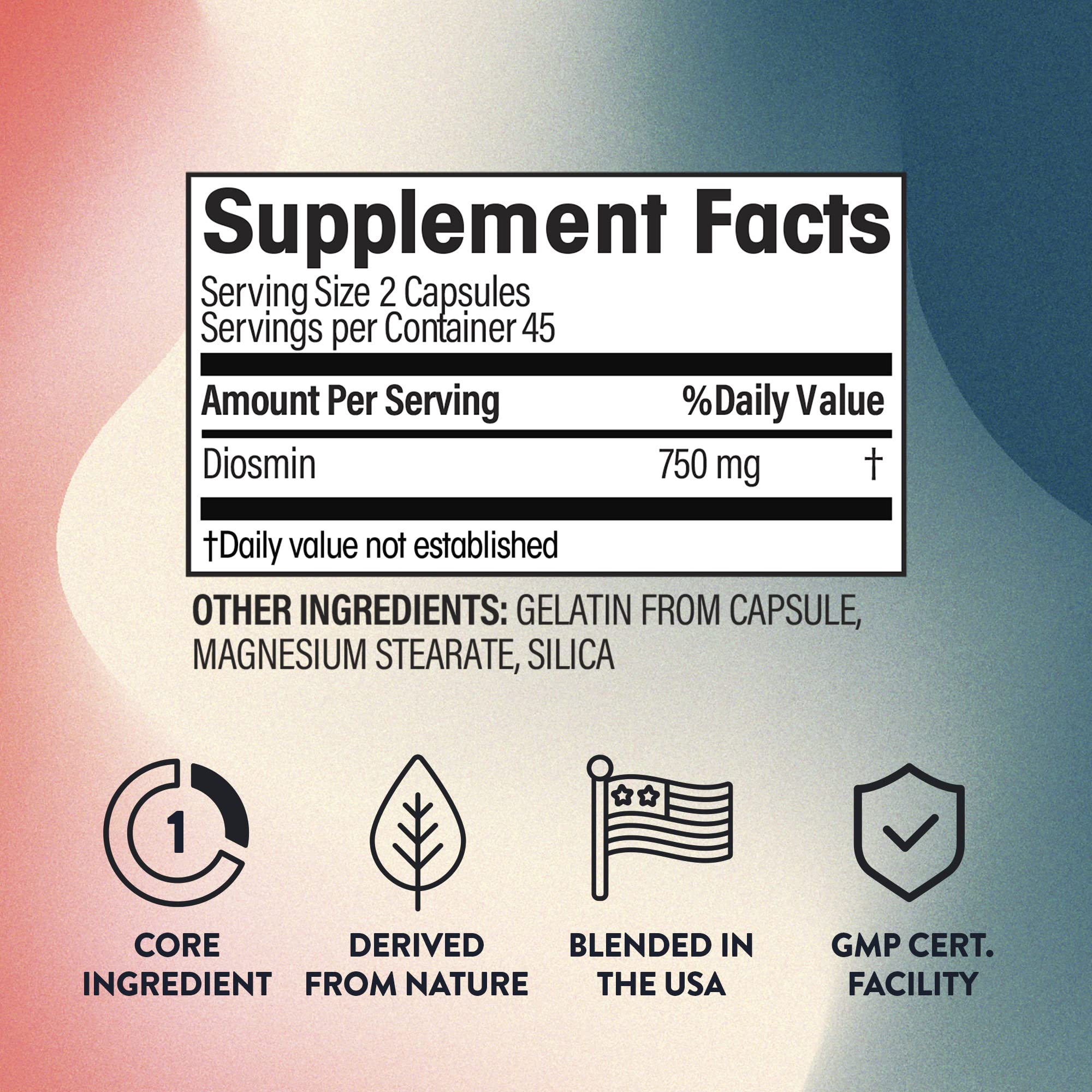 NGL Diosmina Pura 750 mg, etiqueta: información clara de ingredientes y dosis.