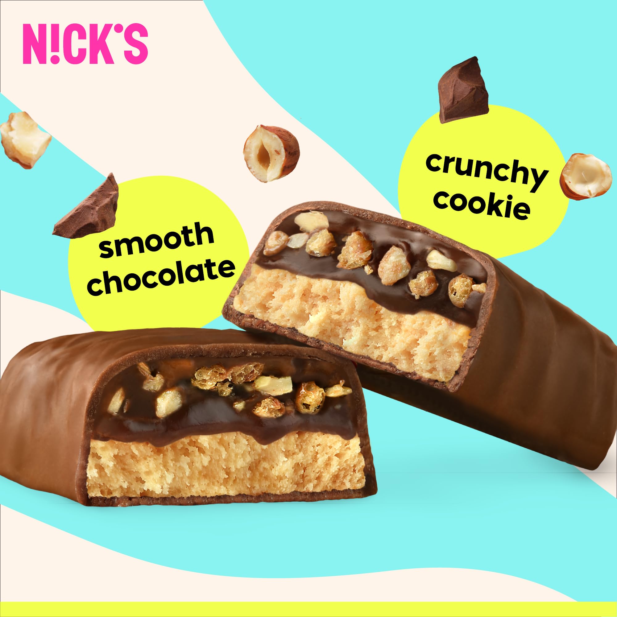 Nick’s Barras proteína crujiente galleta chocolate cobertura suave para snack premium.